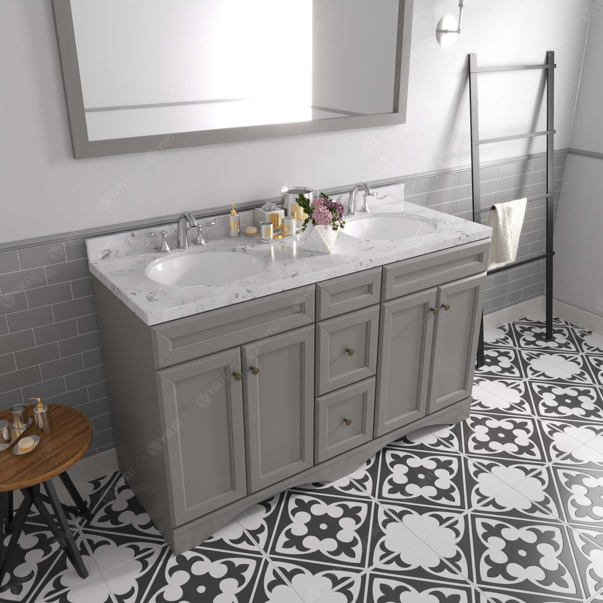 Virtu USA Talisa 60" Double Bath Vanity in White with White Quartz Top and Round Sinks with Matching Mirror
