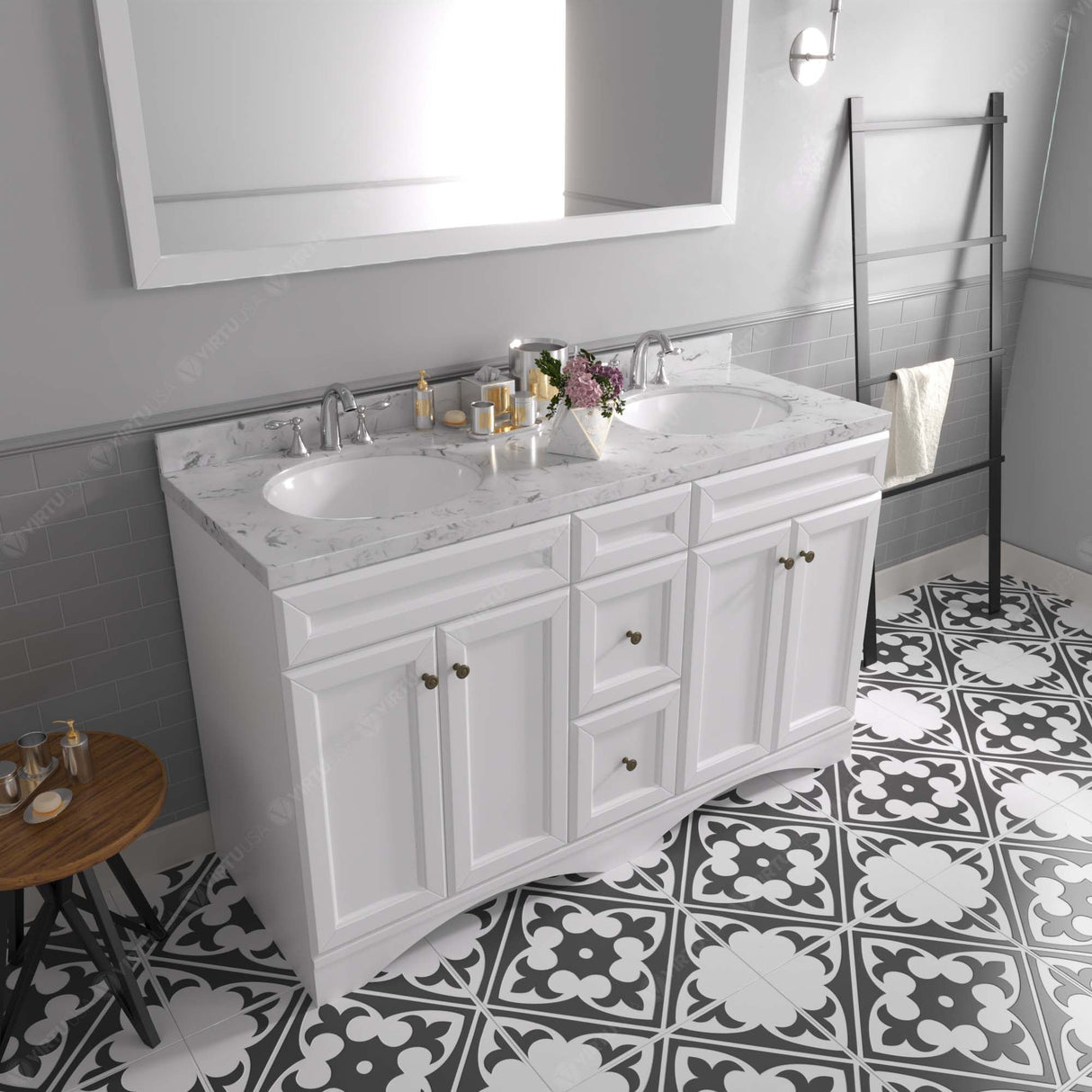 Virtu USA Talisa 60" Double Bath Vanity in White with White Quartz Top and Round Sinks with Matching Mirror