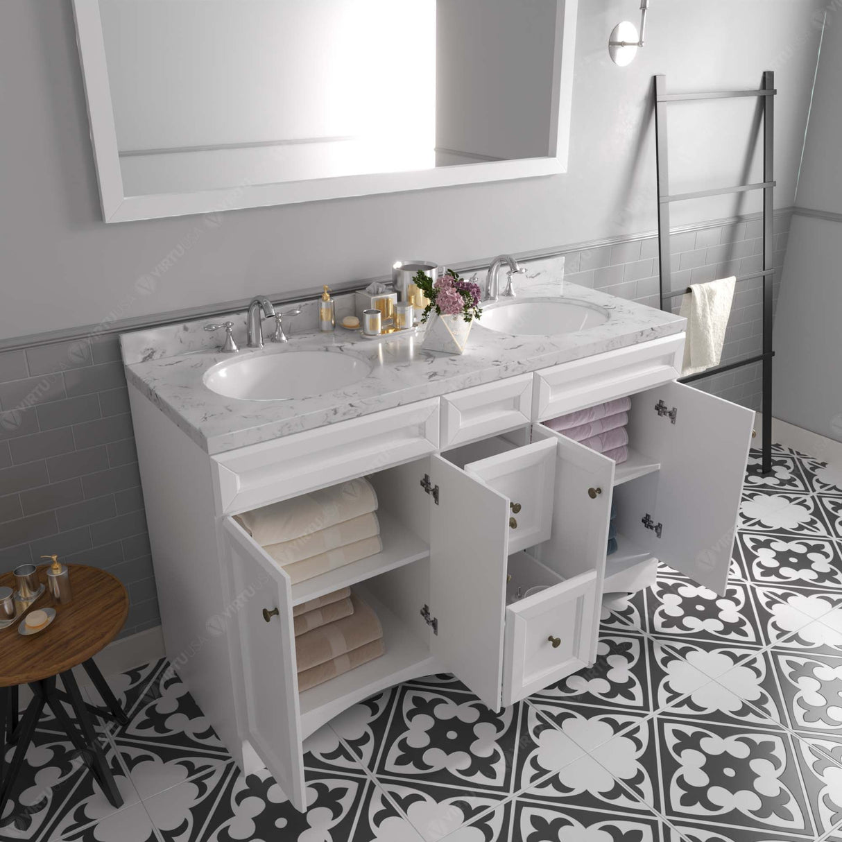 Virtu USA Talisa 60" Double Bath Vanity in White with White Quartz Top and Round Sinks with Matching Mirror
