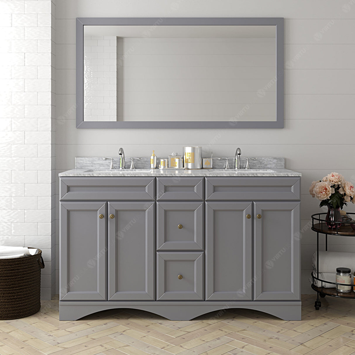 Virtu USA Talisa 60" Double Bath Vanity with White Marble Top and Square Sinks with Matching Mirror