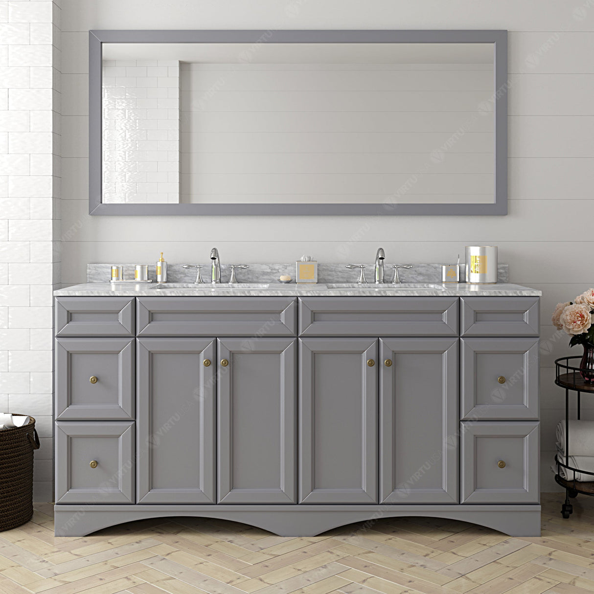 Virtu USA Talisa 72" Double Bath Vanity with White Marble Top and Round Sinks with Matching Mirror