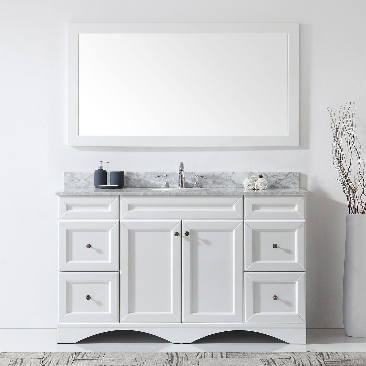 Virtu USA Talisa 60" Single Bath Vanity with White Marble Top and Round Sink with Polished Chrome Faucet with Matching Mirror