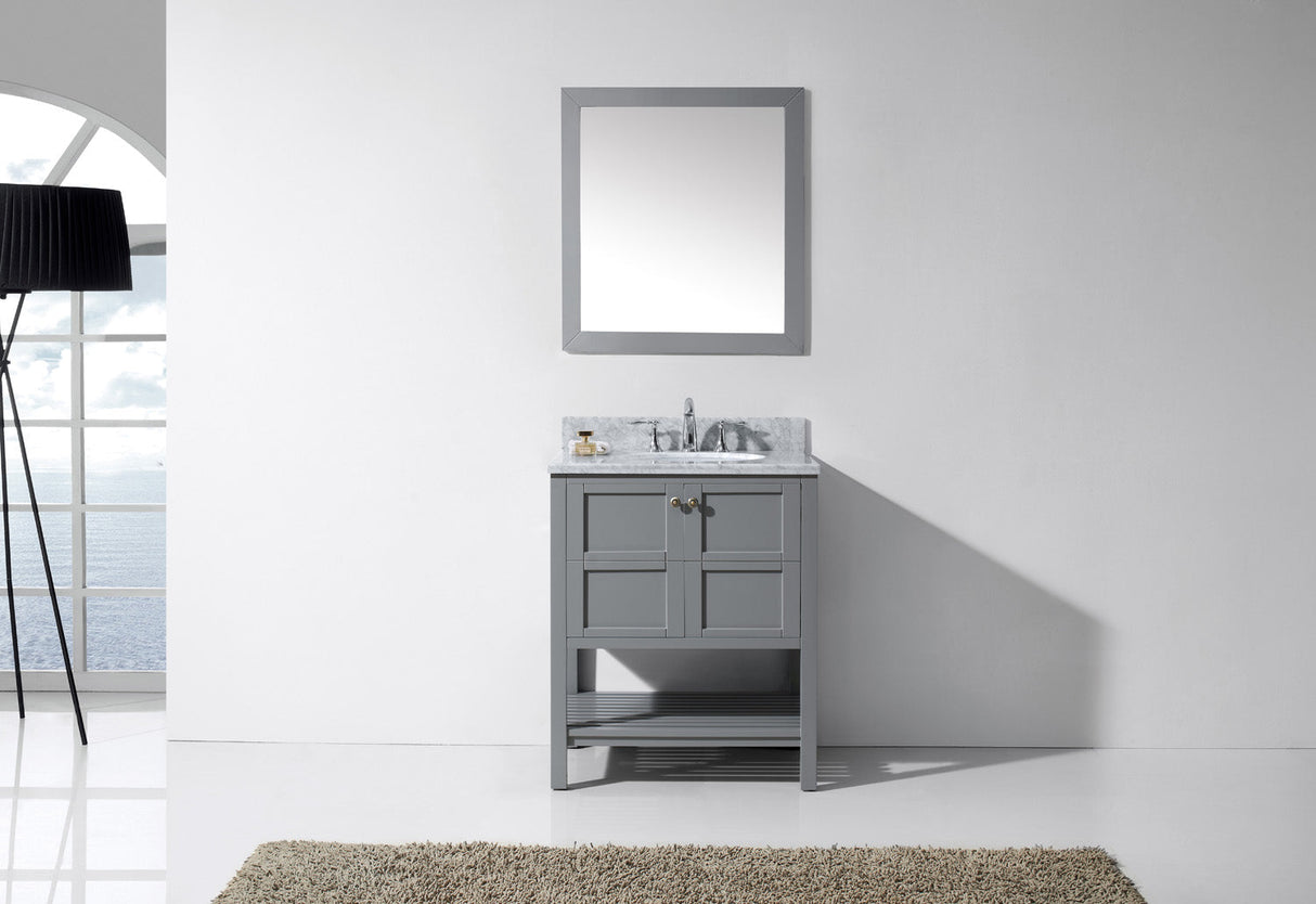 Virtu USA Winterfell 30" Single Bath Vanity with White Marble Top and Round Sink with Matching Mirror