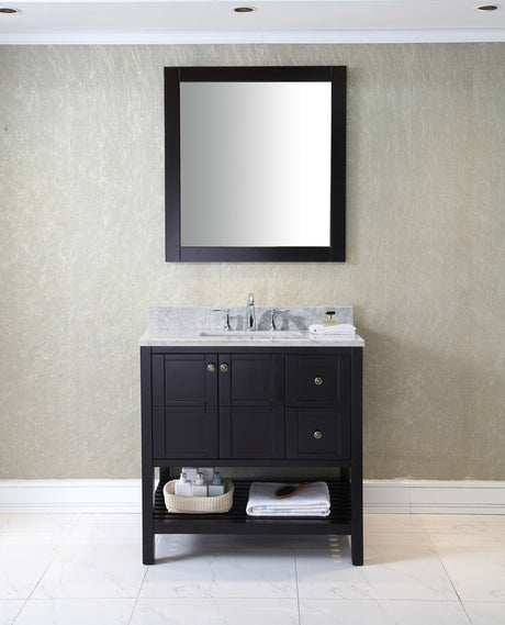 Virtu USA Winterfell 36" Single Bath Vanity with White Marble Top and Square Sink with Matching Mirror