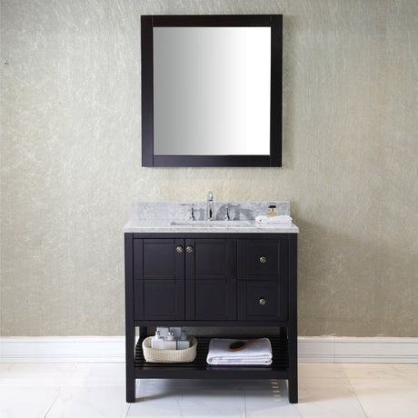 Virtu USA Winterfell 36" Single Bath Vanity with White Marble Top and Square Sink with Polished Chrome Faucet with Matching Mirror