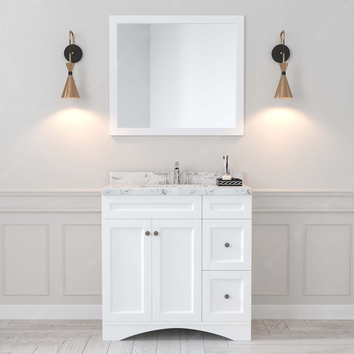 Virtu USA Elise 36" Single Bath Vanity with Cultured Marble Quartz Top and Square Sink with Polished Chrome Faucet with Matching Mirror