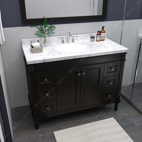 Virtu USA Tiffany 48" Single Bath Vanity with White Quartz Top and Round Sink with Brushed Nickel Faucet with Matching Mirror