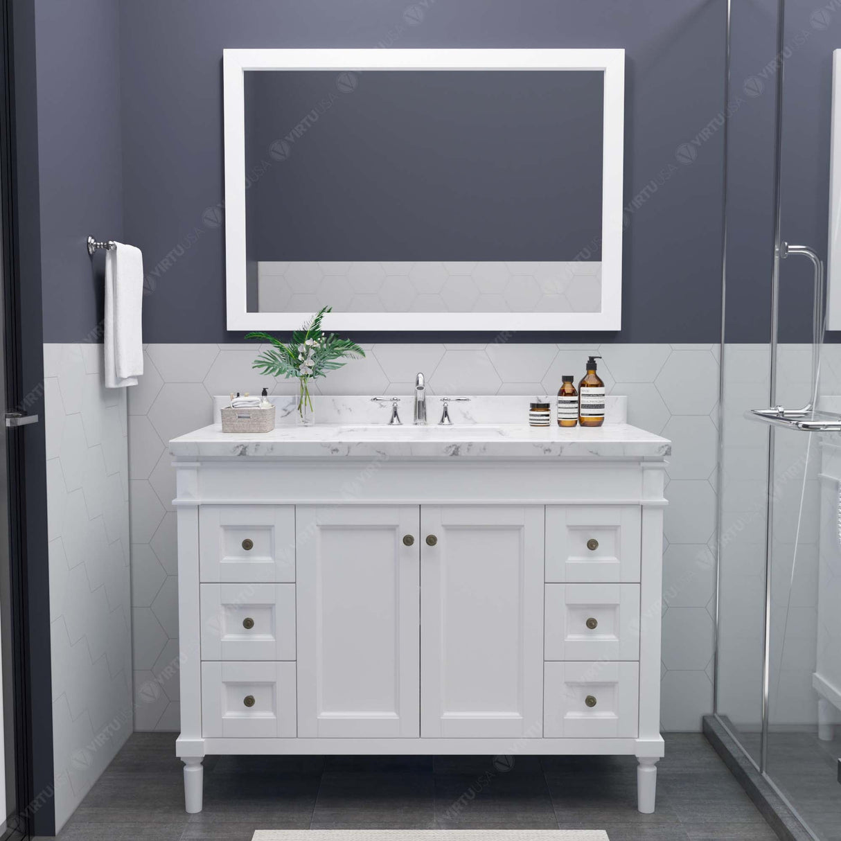 Virtu USA Tiffany 48" Single Bath Vanity with White Quartz Top and Round Sink with Polished Chrome Faucet with Matching Mirror