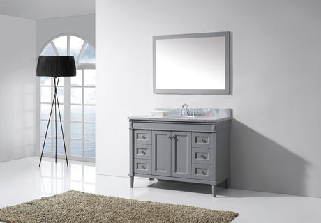 Virtu USA Tiffany 48" Single Bath Vanity in Gray with White Marble Top and Round Sink with Brushed Nickel Faucet with Matching Mirror