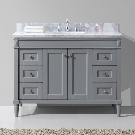 Virtu USA Tiffany 48" Single Bath Vanity in Gray with White Marble Top and Round Sink with Brushed Nickel Faucet