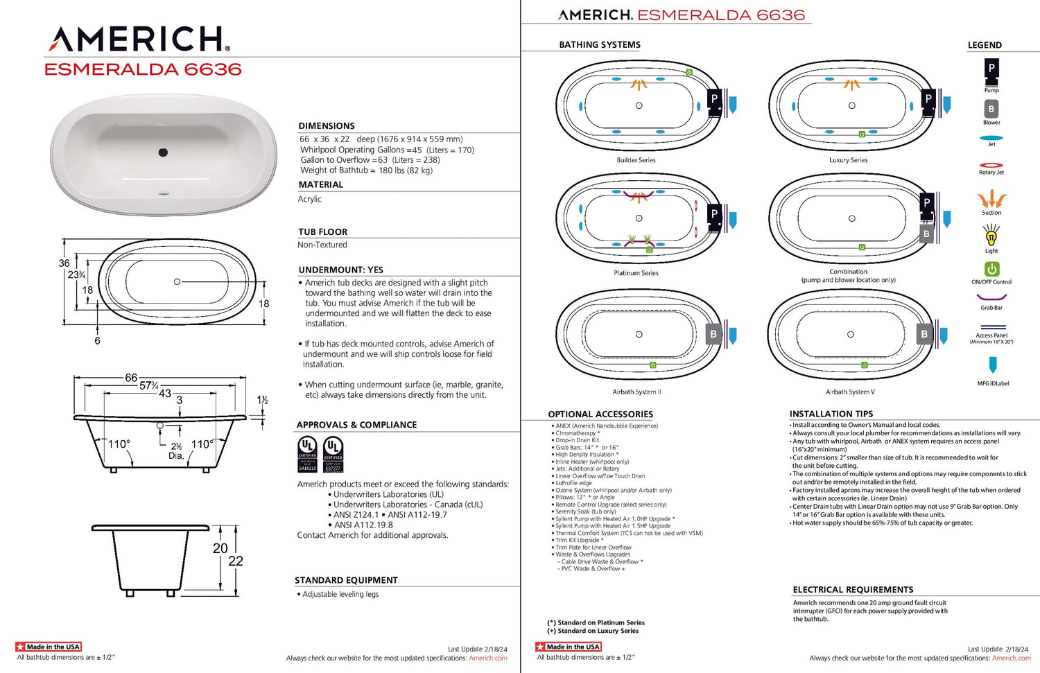 Americh ES6636TA5-BI Esmeralda 6636 - Tub Only / Airbath 5 - Biscuit