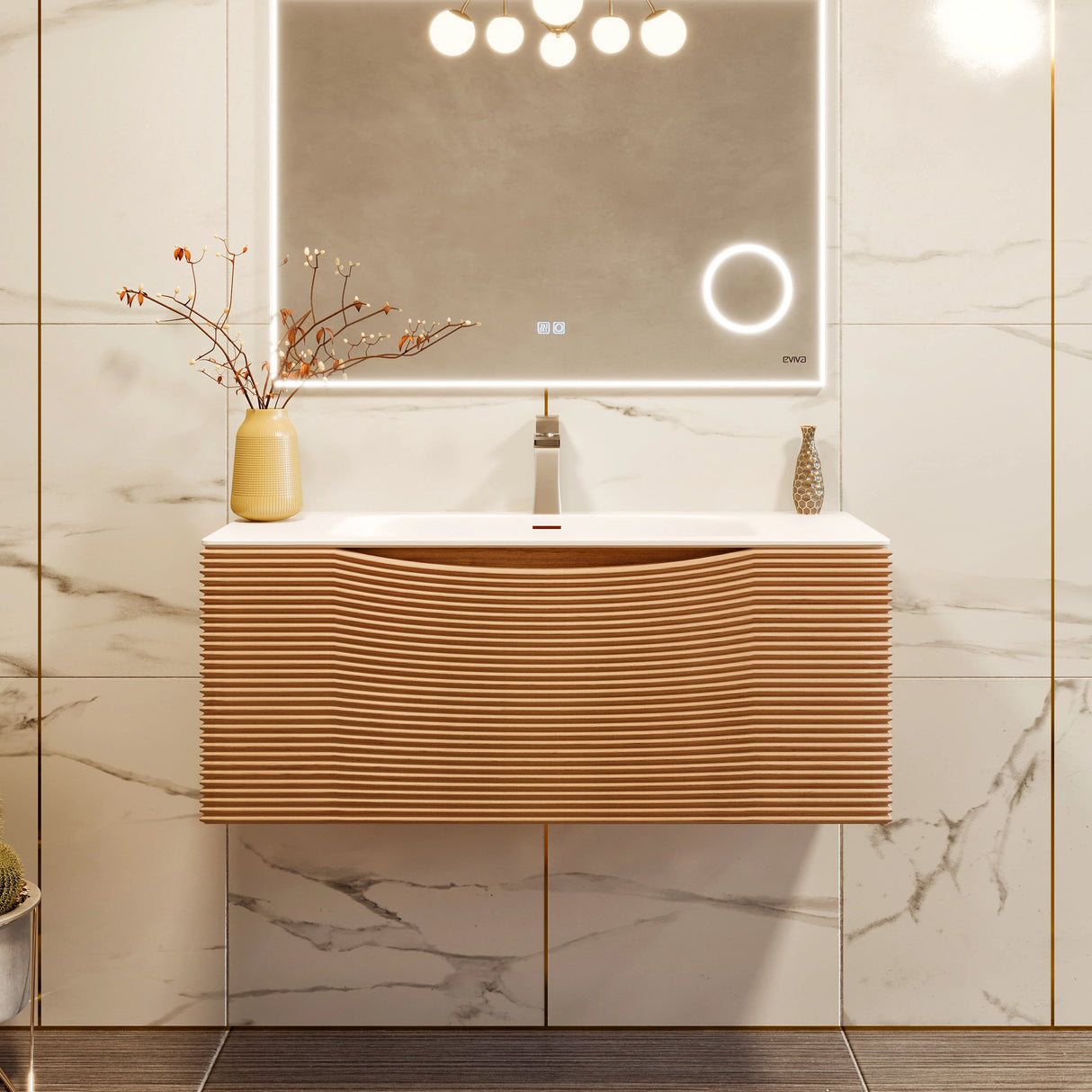 Leah 32 in. Medium Oak Wall Mount Single Sink Bath Vanity with Solid Surface Top and Integrated Sink