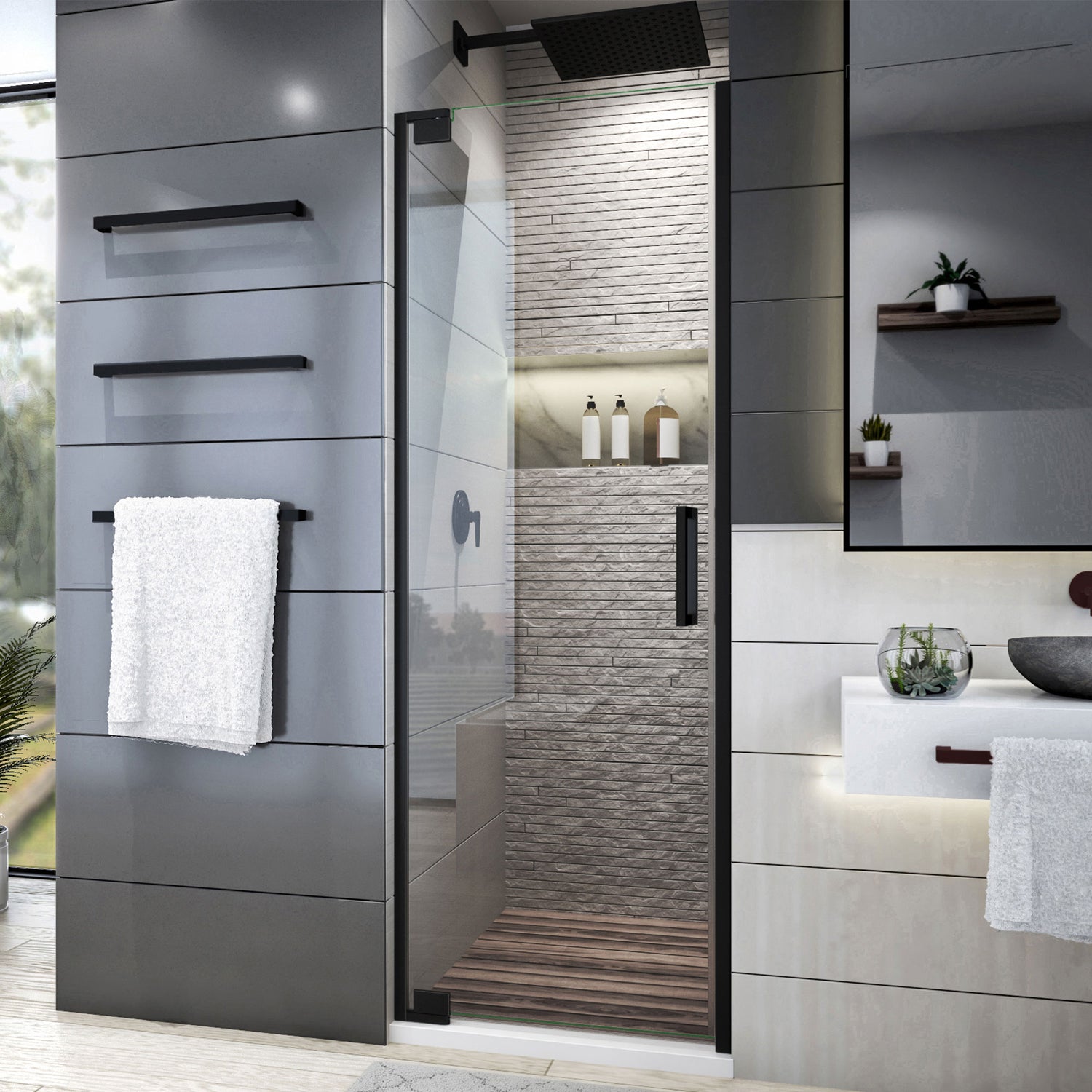 DreamLine Elegance Plus 34-34 1/2 in. W x 72 in. H Frameless Pivot Shower Door in Satin Black