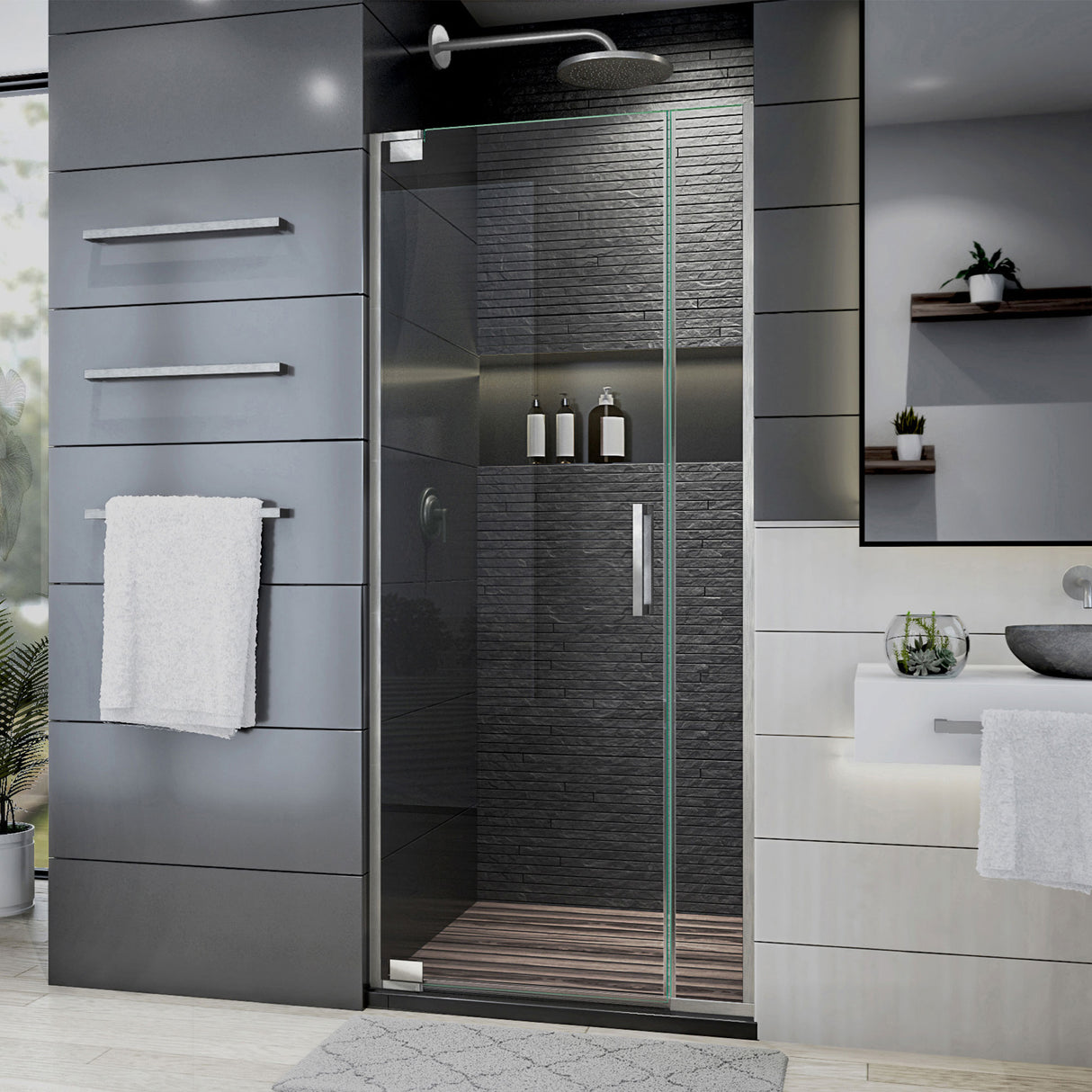 DreamLine Elegance Plus 34-34 3/4 in. W x 72 in. H Frameless Pivot Shower Door in Brushed Nickel