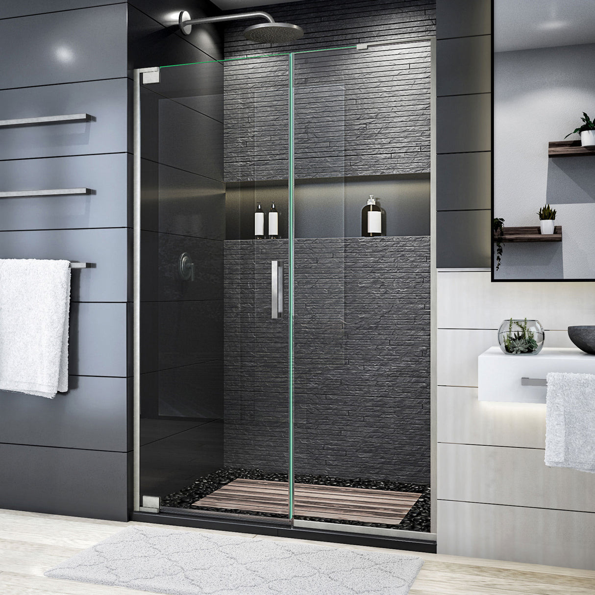 DreamLine Elegance Plus 46-46 3/4 in. W x 72 in. H Frameless Pivot Shower Door in Brushed Nickel