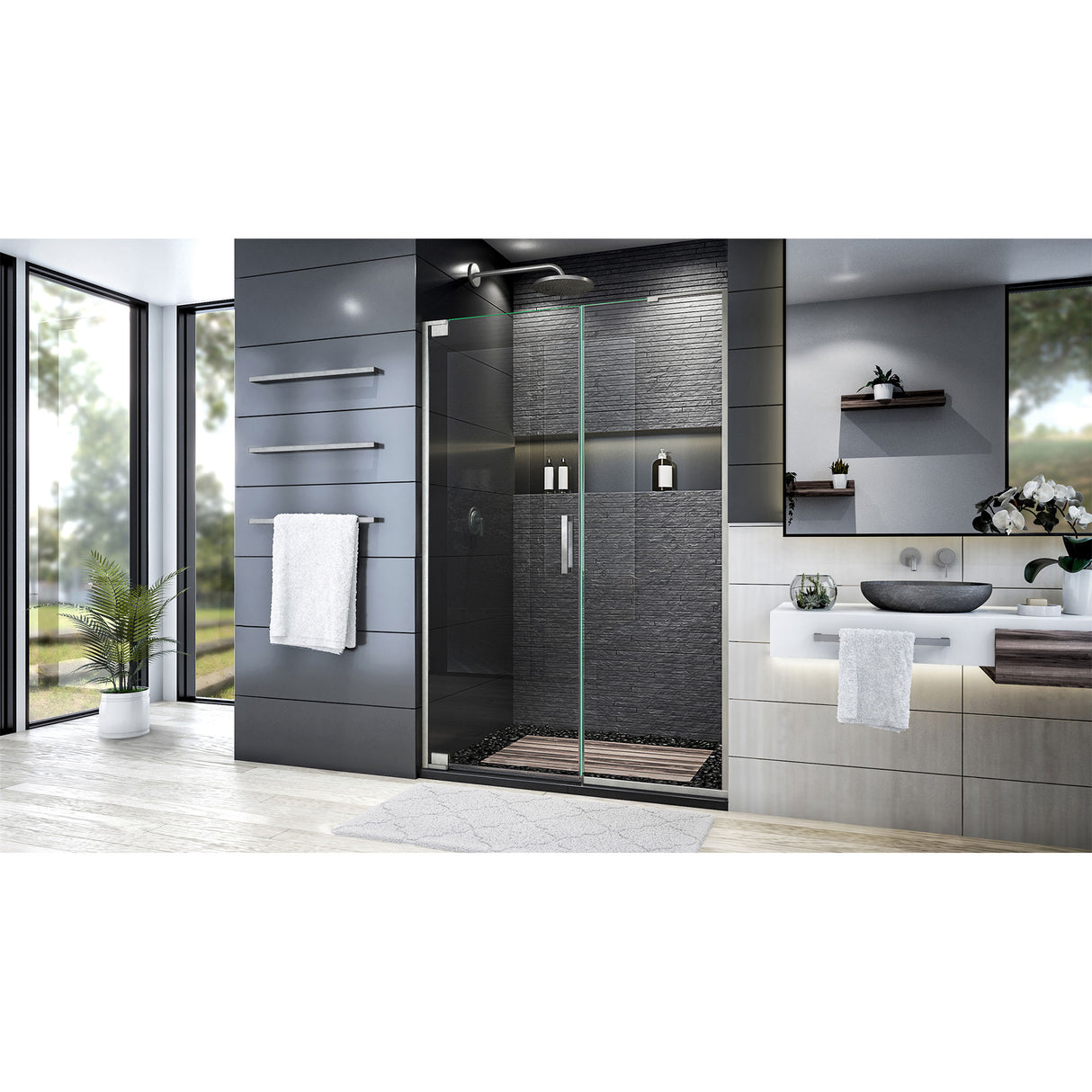 DreamLine Elegance Plus 46-46 3/4 in. W x 72 in. H Frameless Pivot Shower Door in Brushed Nickel