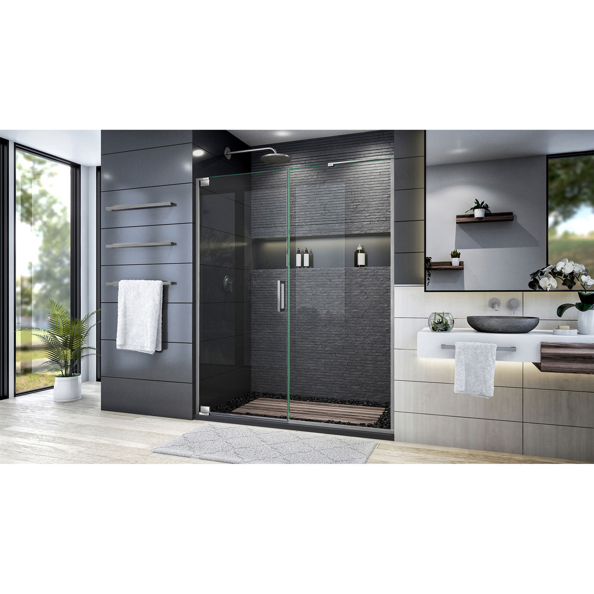 DreamLine Elegance Plus 58-58 3/4 in. W x 72 in. H Frameless Pivot Shower Door in Brushed Nickel