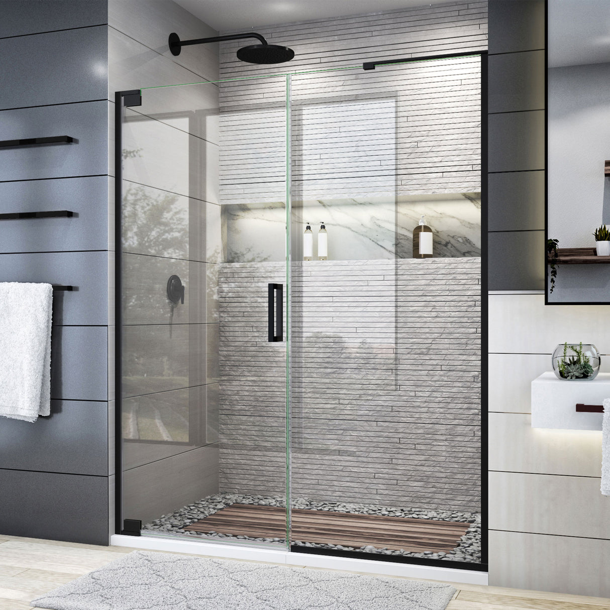 DreamLine Elegance Plus 58-58 3/4 in. W x 72 in. H Frameless Pivot Shower Door in Satin Black