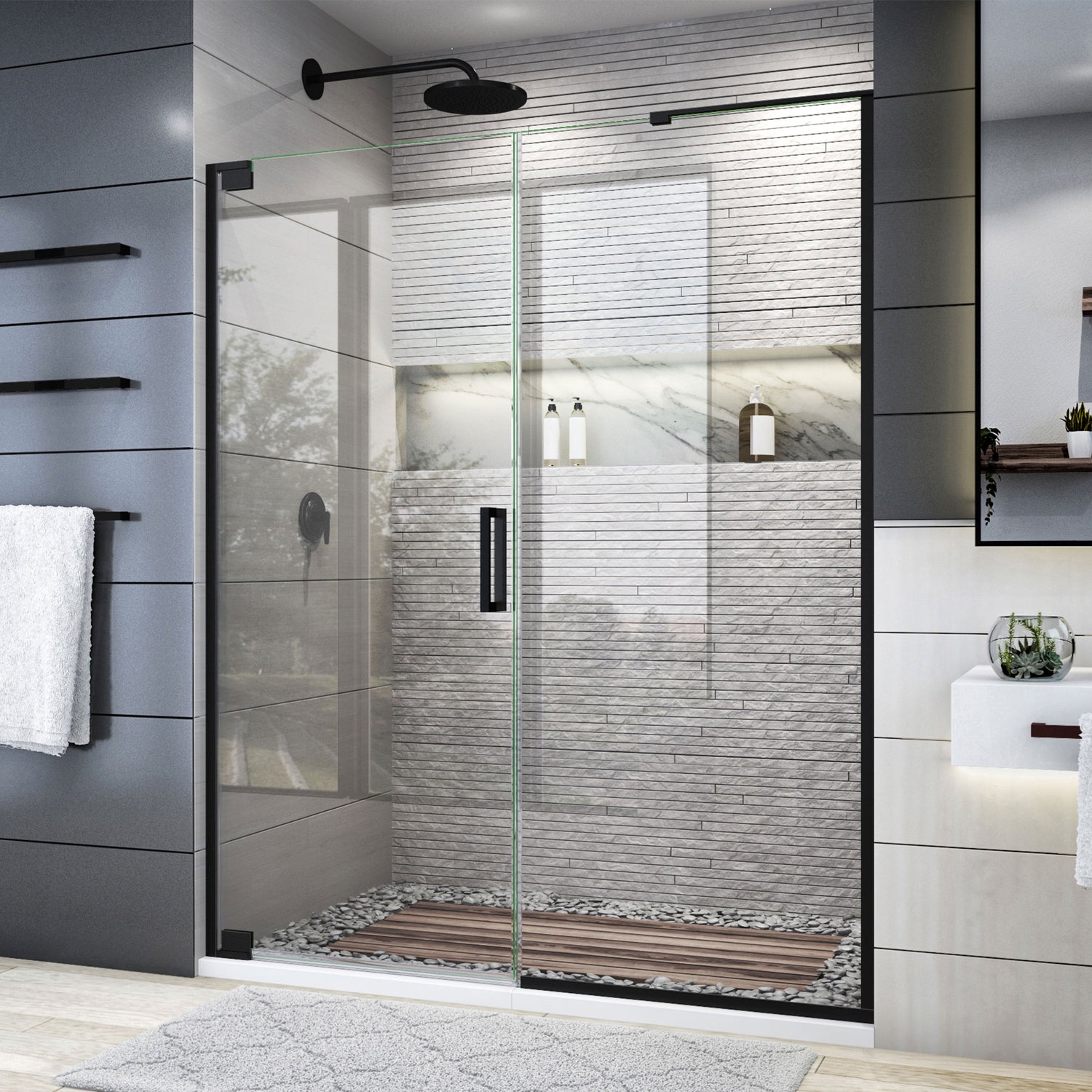 DreamLine Elegance Plus 58-58 3/4 in. W x 72 in. H Frameless Pivot Shower Door in Satin Black