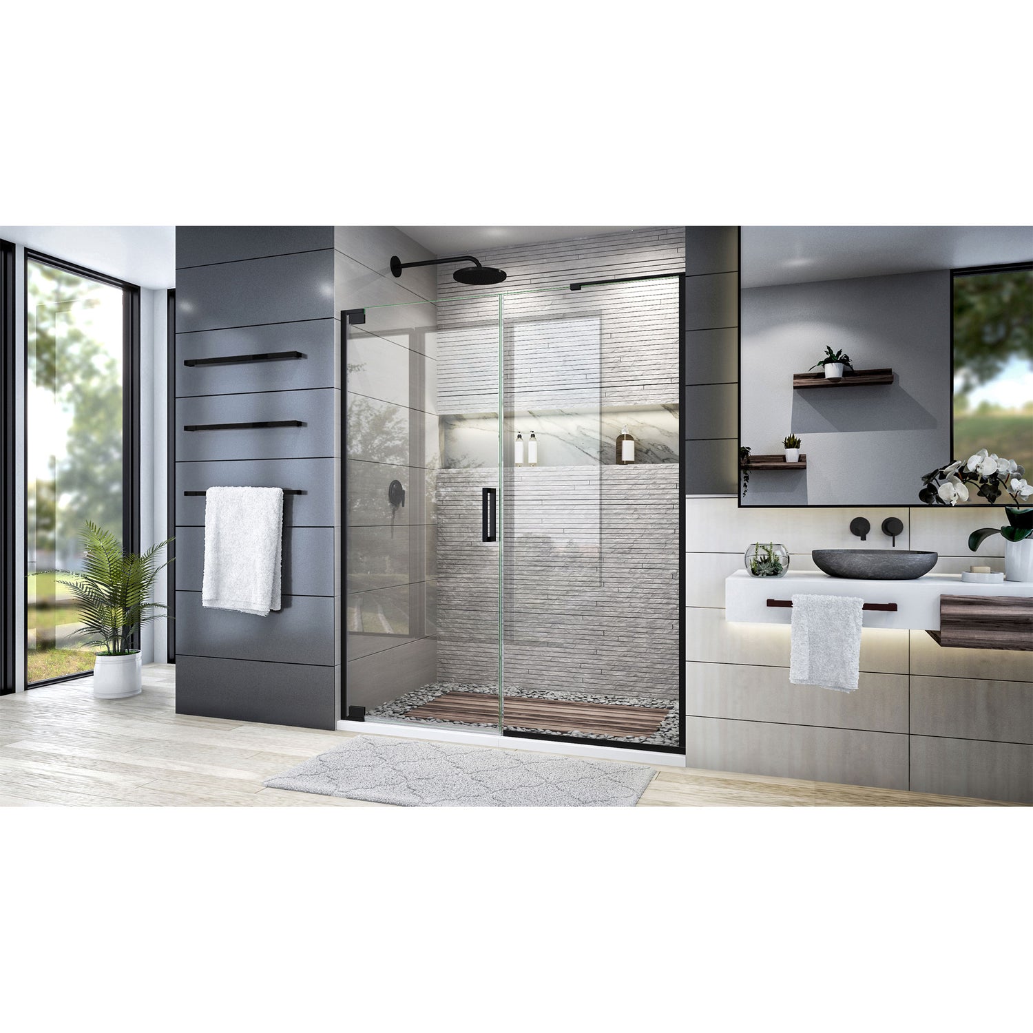 DreamLine Elegance Plus 58-58 3/4 in. W x 72 in. H Frameless Pivot Shower Door in Satin Black