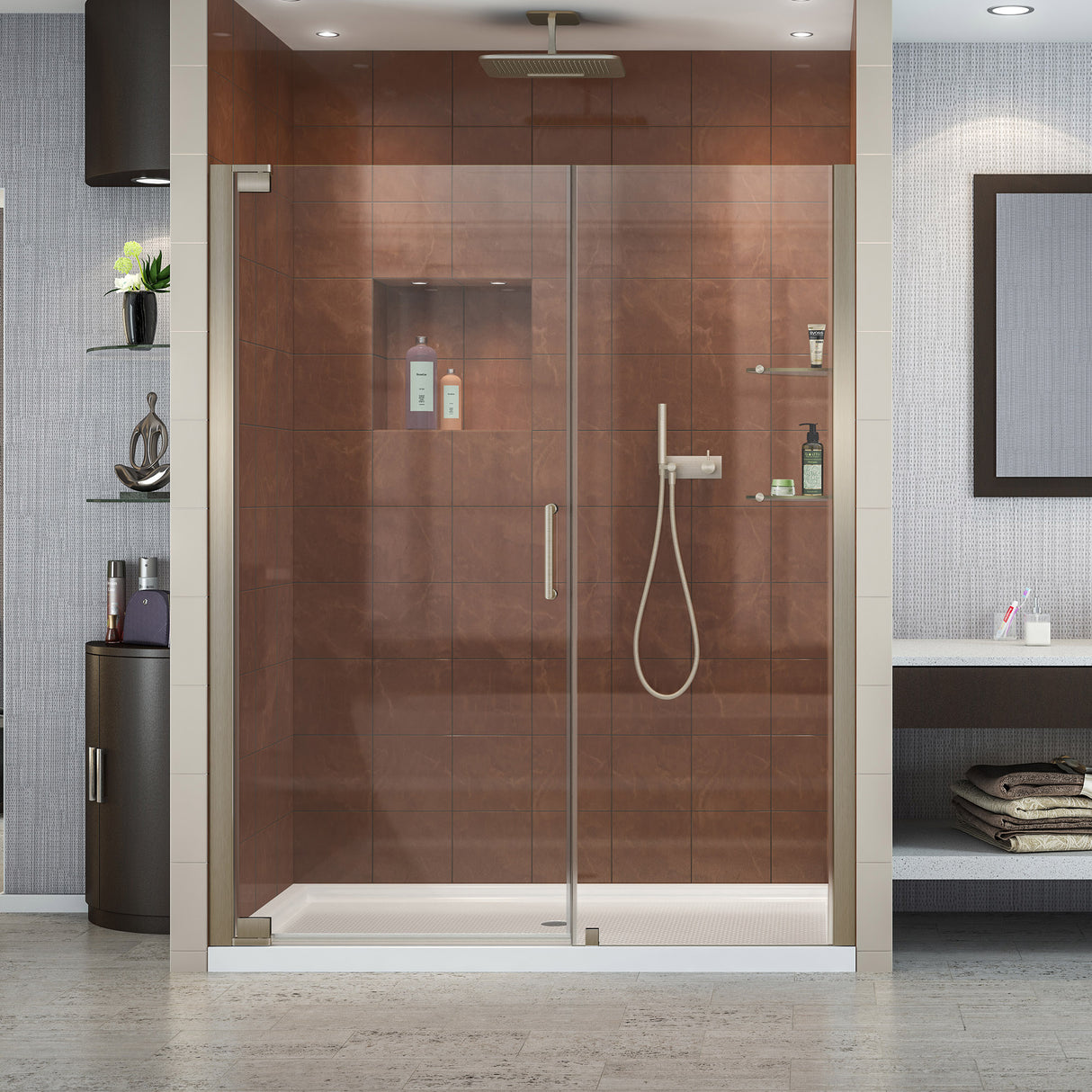 DreamLine Elegance 56 1/4 - 58 1/4 in. W x 72 in. H Frameless Pivot Shower Door in Brushed Nickel