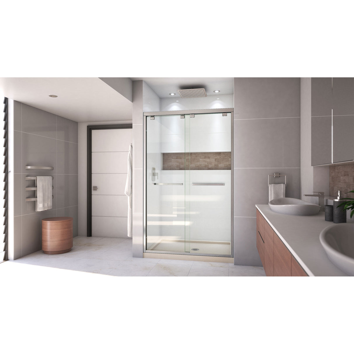 DreamLine Encore 34 in. D x 48 in. W x 78 3/4 in. H Bypass Shower Door in Brushed Nickel and Center Drain Biscuit Base Kit