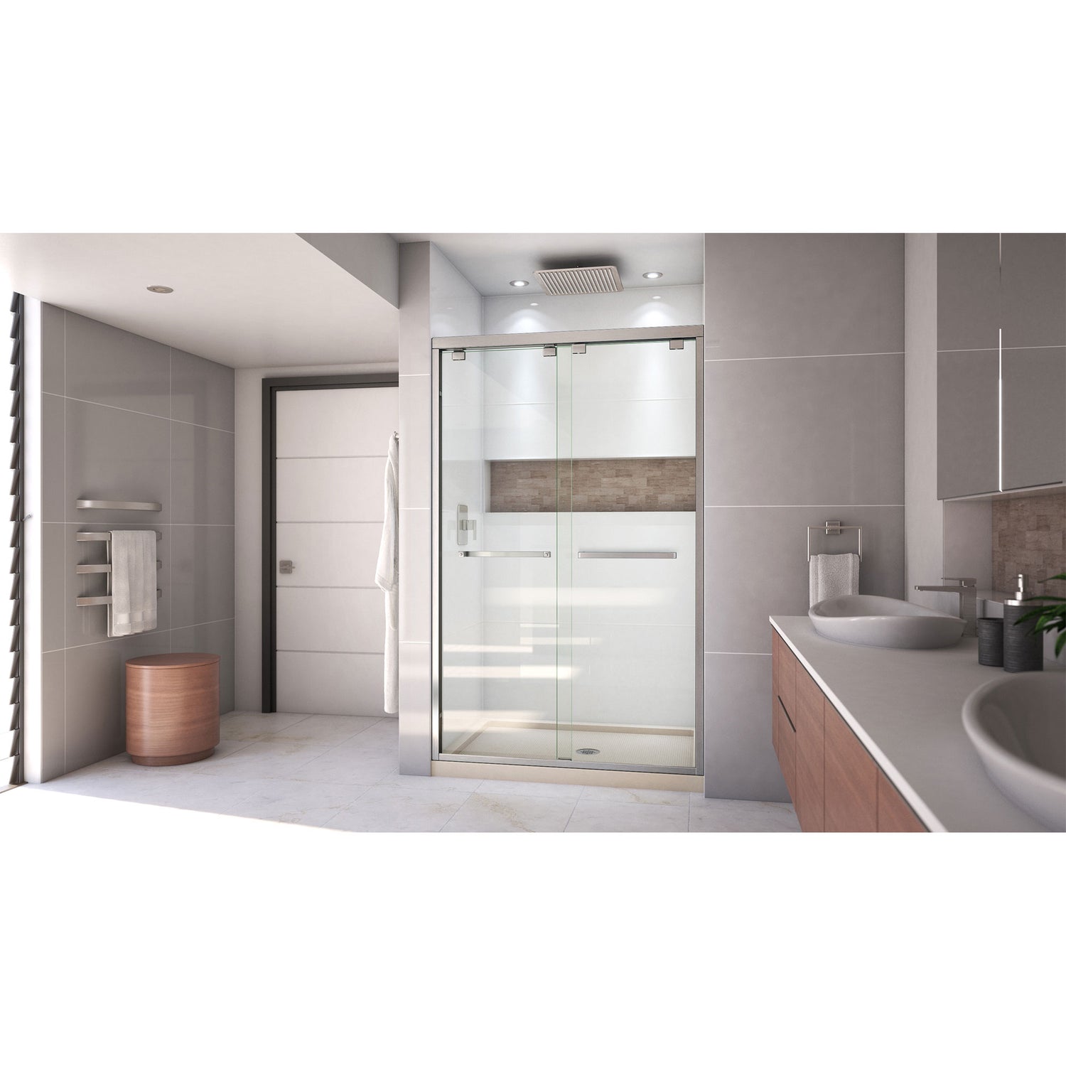 DreamLine Encore 32 in. D x 48 in. W x 78 3/4 in. H Bypass Shower Door in Brushed Nickel and Center Drain Biscuit Base Kit