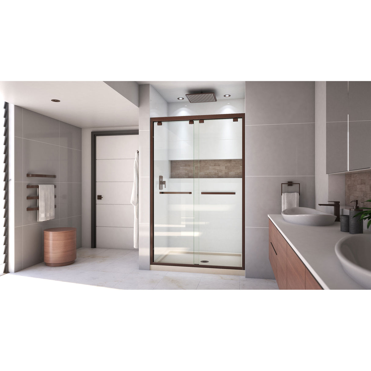 DreamLine Encore 32 in. D x 48 in. W x 78 3/4 in. H Bypass Shower Door in Oil Rubbed Bronze and Center Drain Biscuit Base Kit