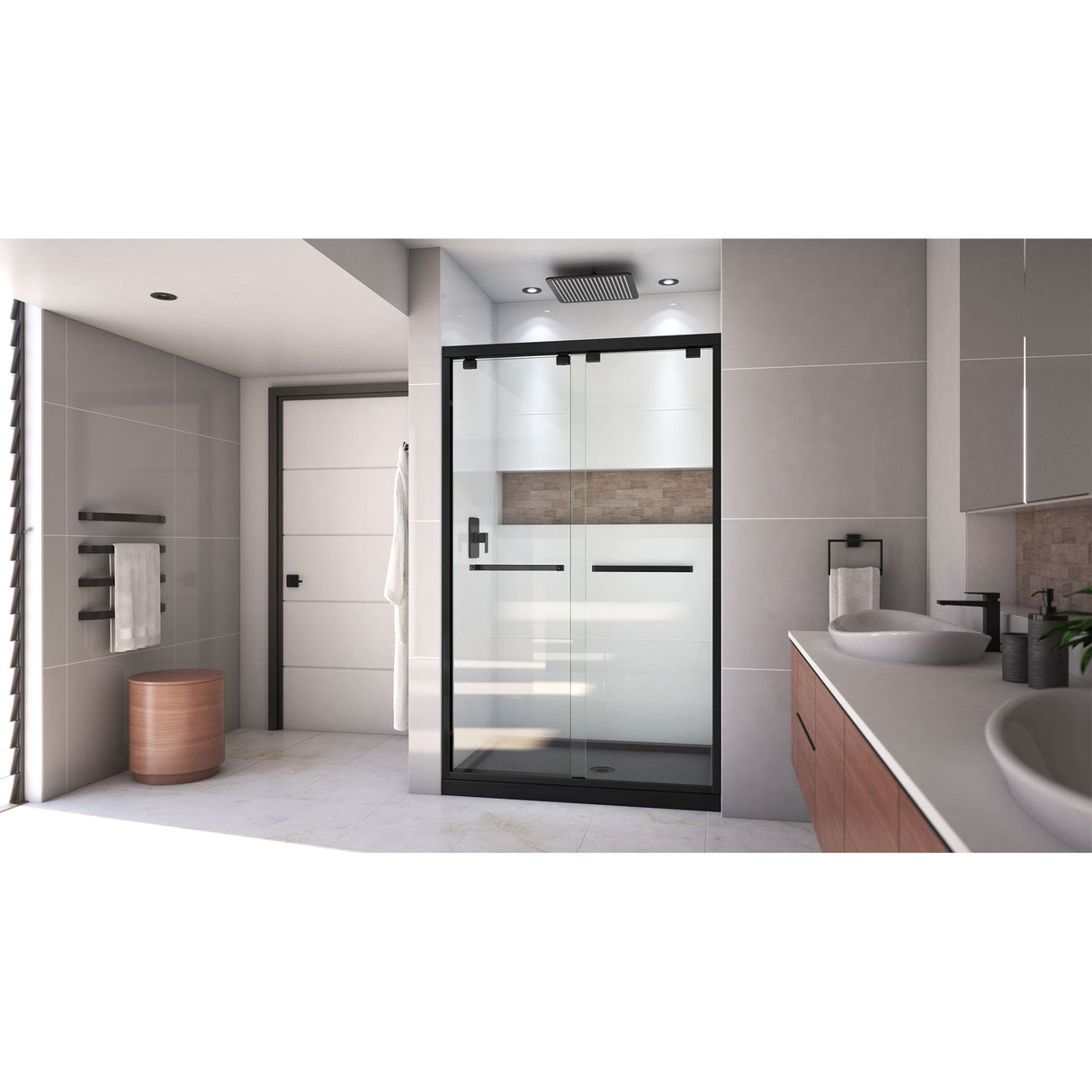 DreamLine Encore 32 in. D x 48 in. W x 78 3/4 in. H Bypass Shower Door in Satin Black and Center Drain Black Base Kit