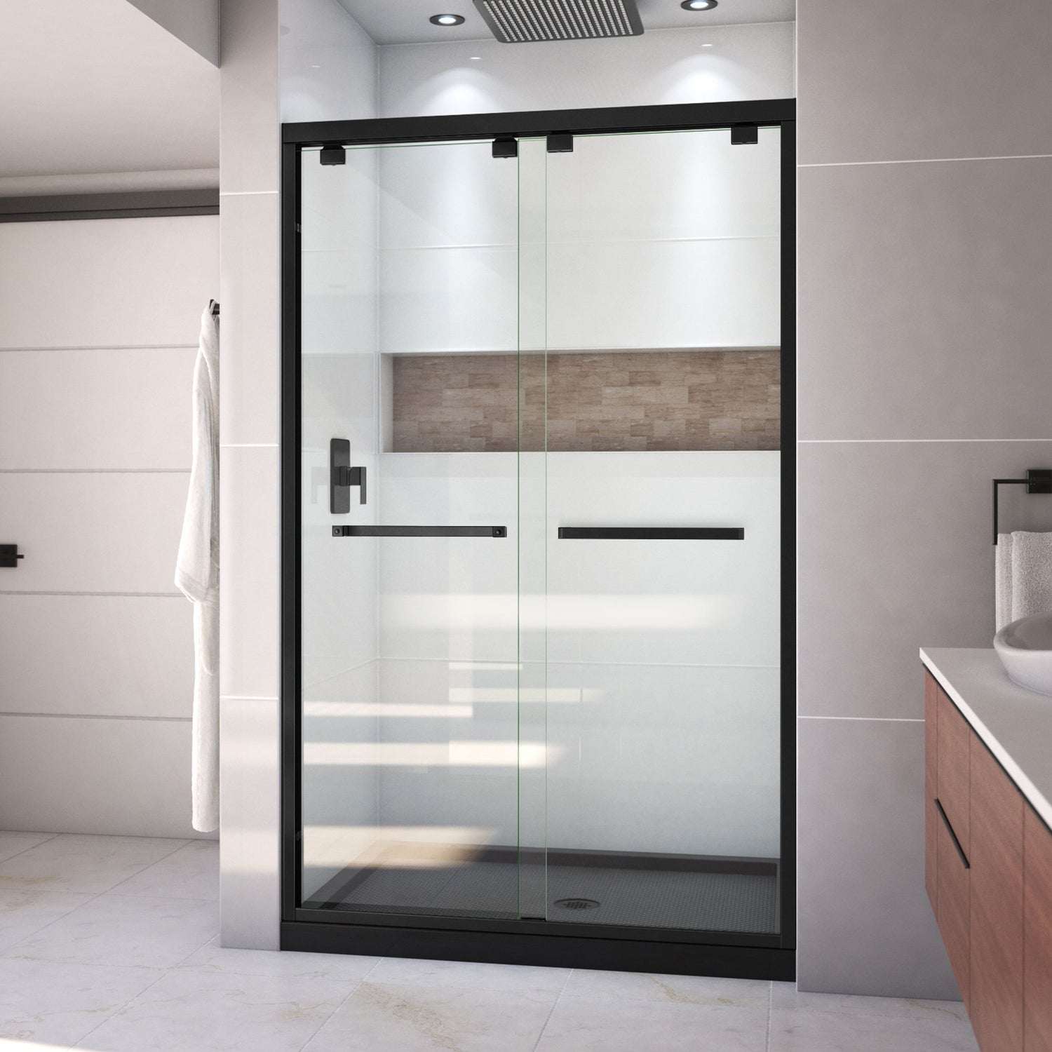DreamLine Encore 32 in. D x 48 in. W x 78 3/4 in. H Bypass Shower Door in Satin Black and Center Drain Black Base Kit
