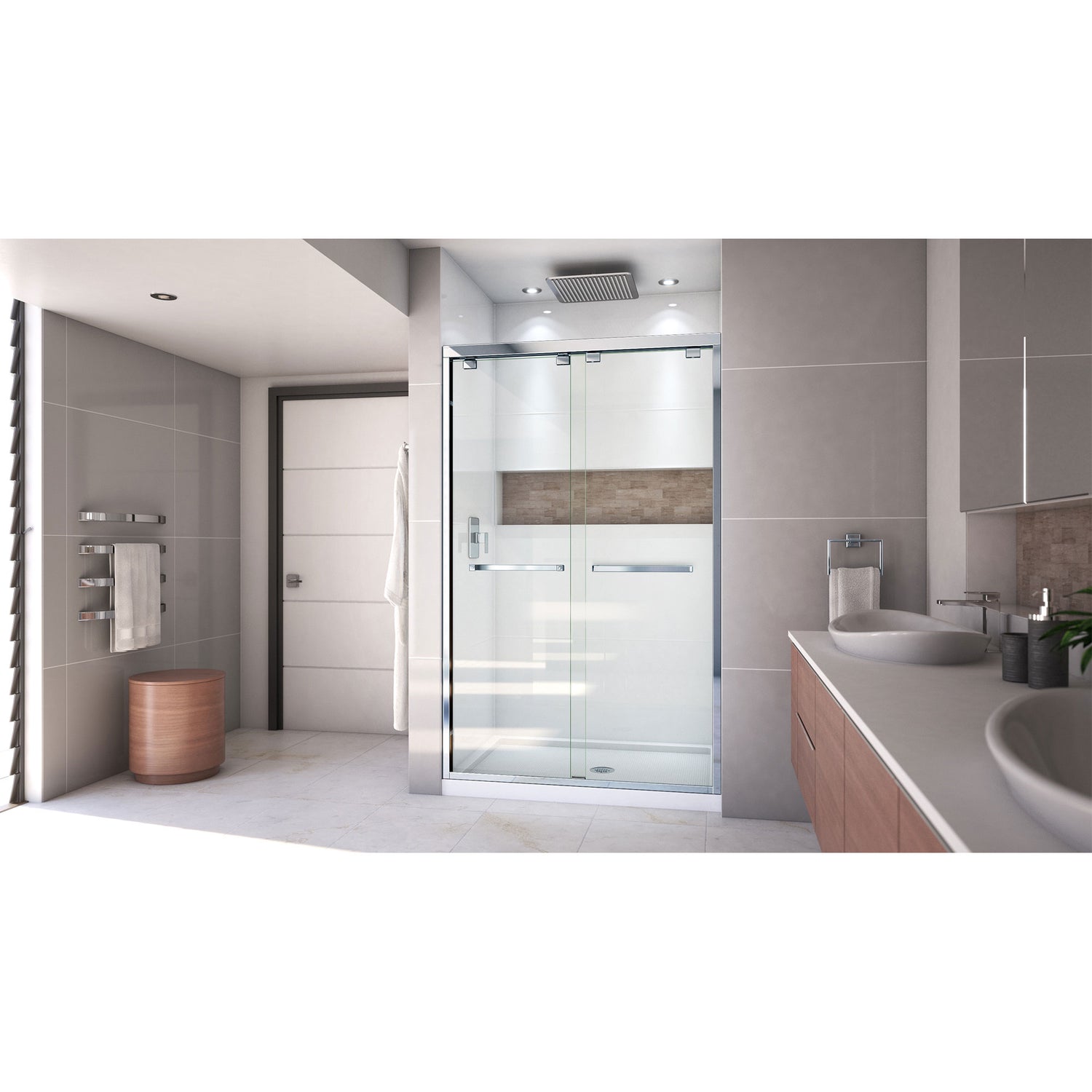 DreamLine Encore 34 in. D x 48 in. W x 78 3/4 in. H Bypass Shower Door in Chrome and Center Drain White Base Kit