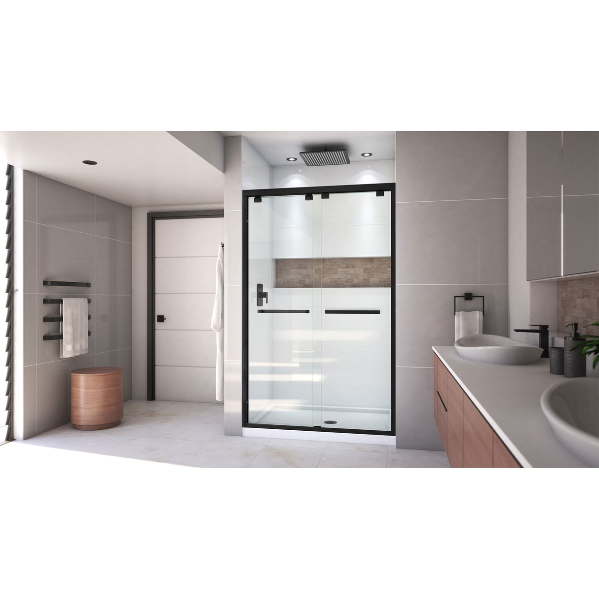 DreamLine Encore 32 in. D x 48 in. W x 78 3/4 in. H Bypass Shower Door in Satin Black and Center Drain White Base Kit