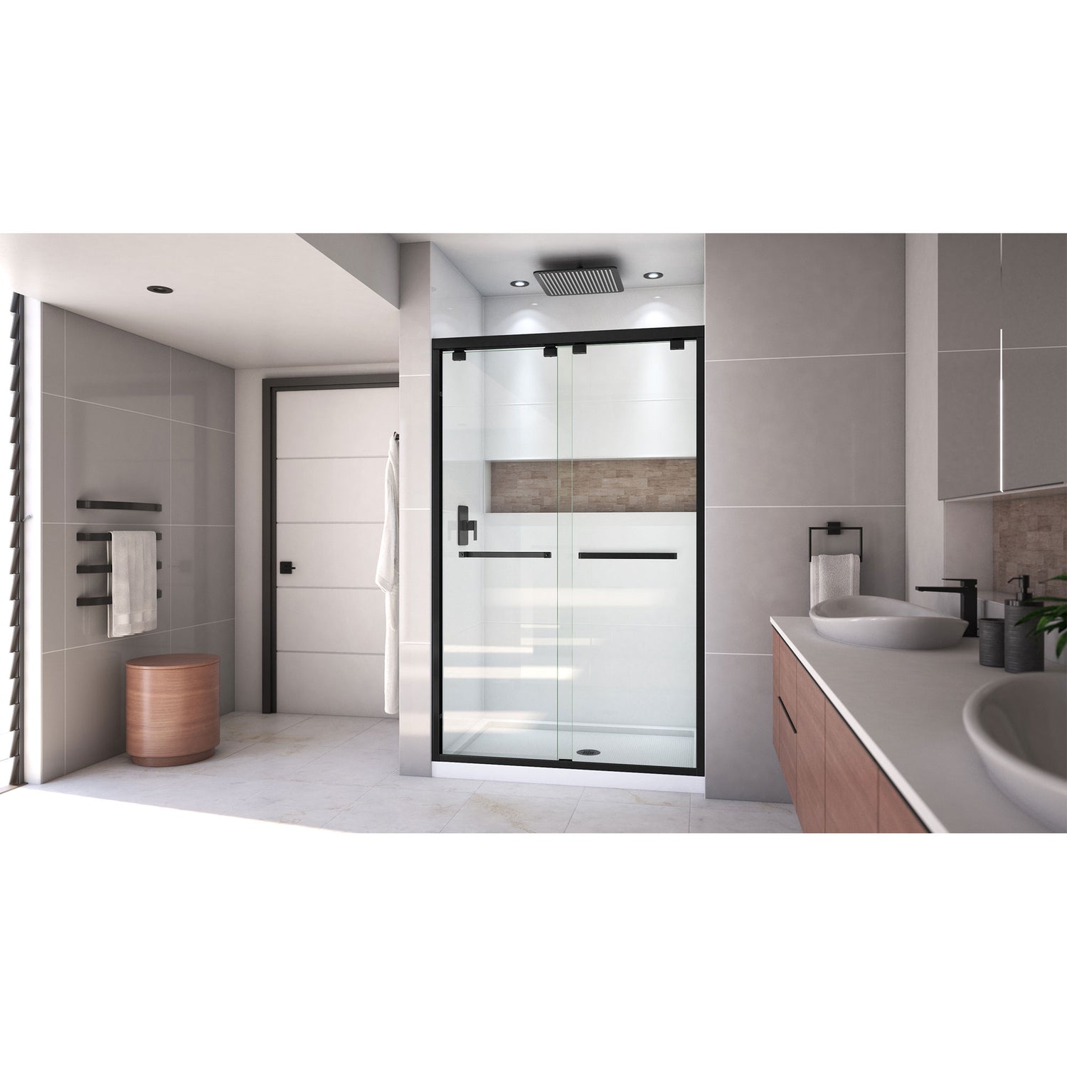 DreamLine Encore 32 in. D x 48 in. W x 78 3/4 in. H Bypass Shower Door in Satin Black and Center Drain White Base Kit