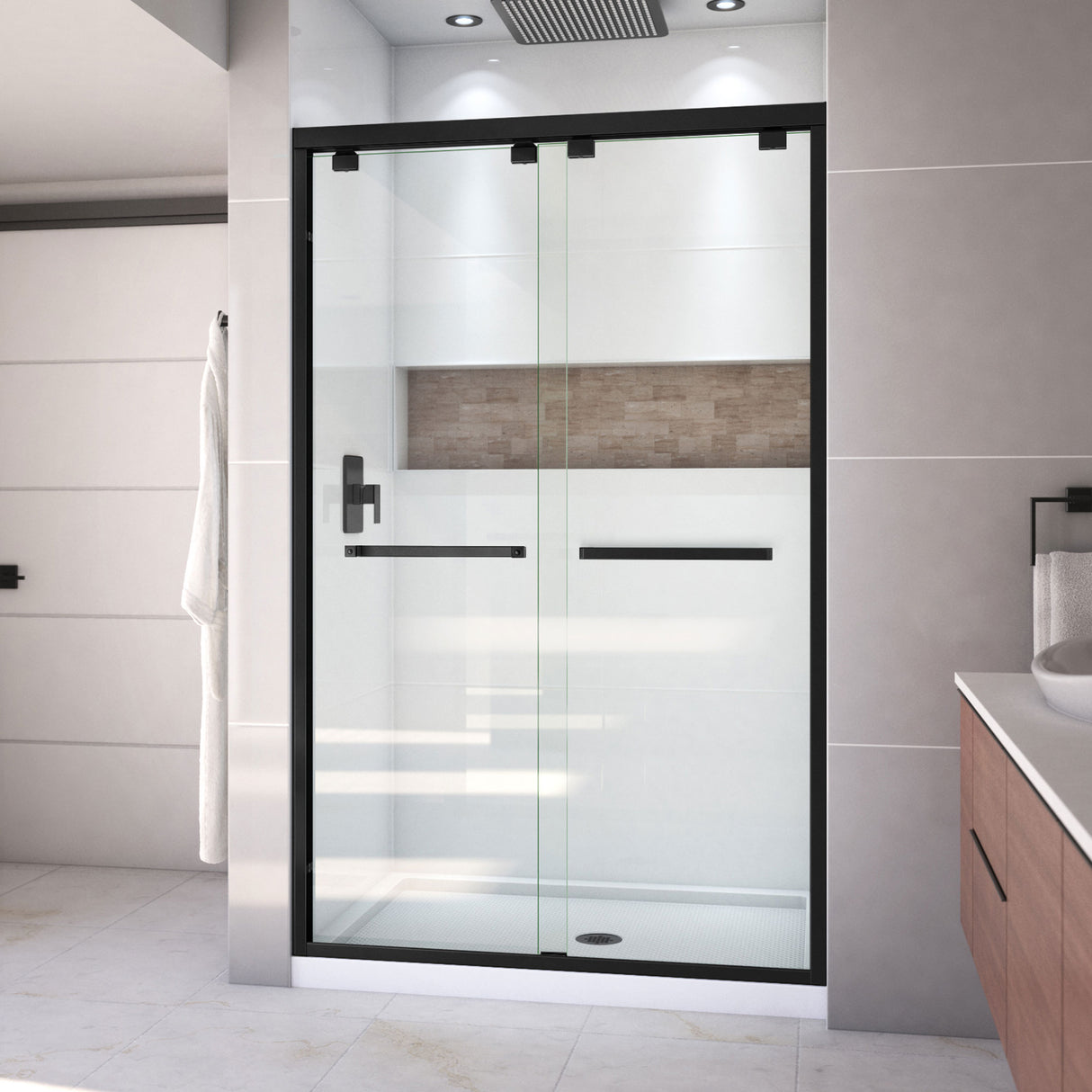 DreamLine Encore 32 in. D x 48 in. W x 78 3/4 in. H Bypass Shower Door in Satin Black and Center Drain White Base Kit