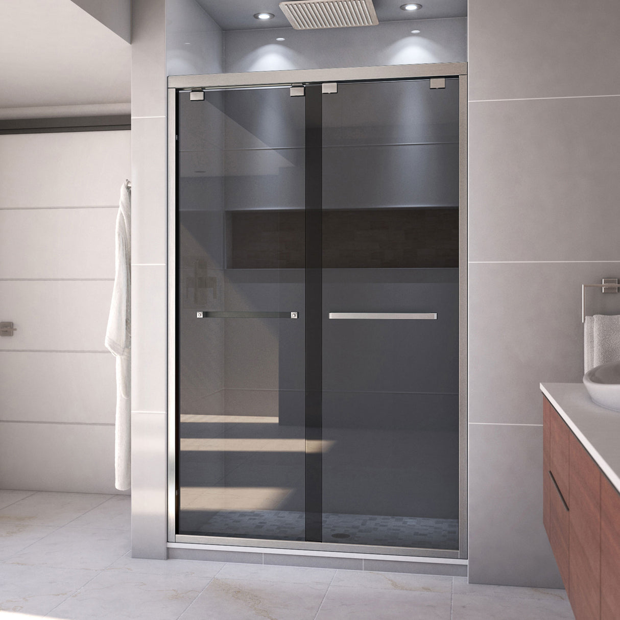 DreamLine Encore 44-48 in. W x 76 in. H Semi-Frameless Bypass Sliding Shower Door in Brushed Nickel and Gray Glass