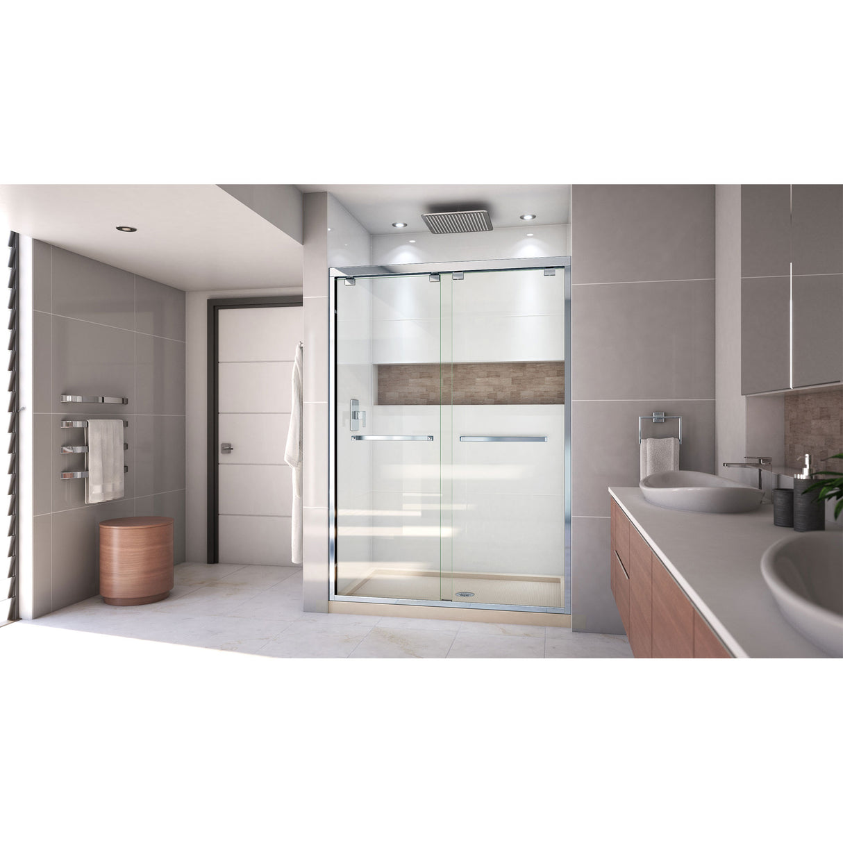 DreamLine Encore 32 in. D x 54 in. W x 78 3/4 in. H Bypass Shower Door in Chrome and Center Drain Biscuit Base Kit