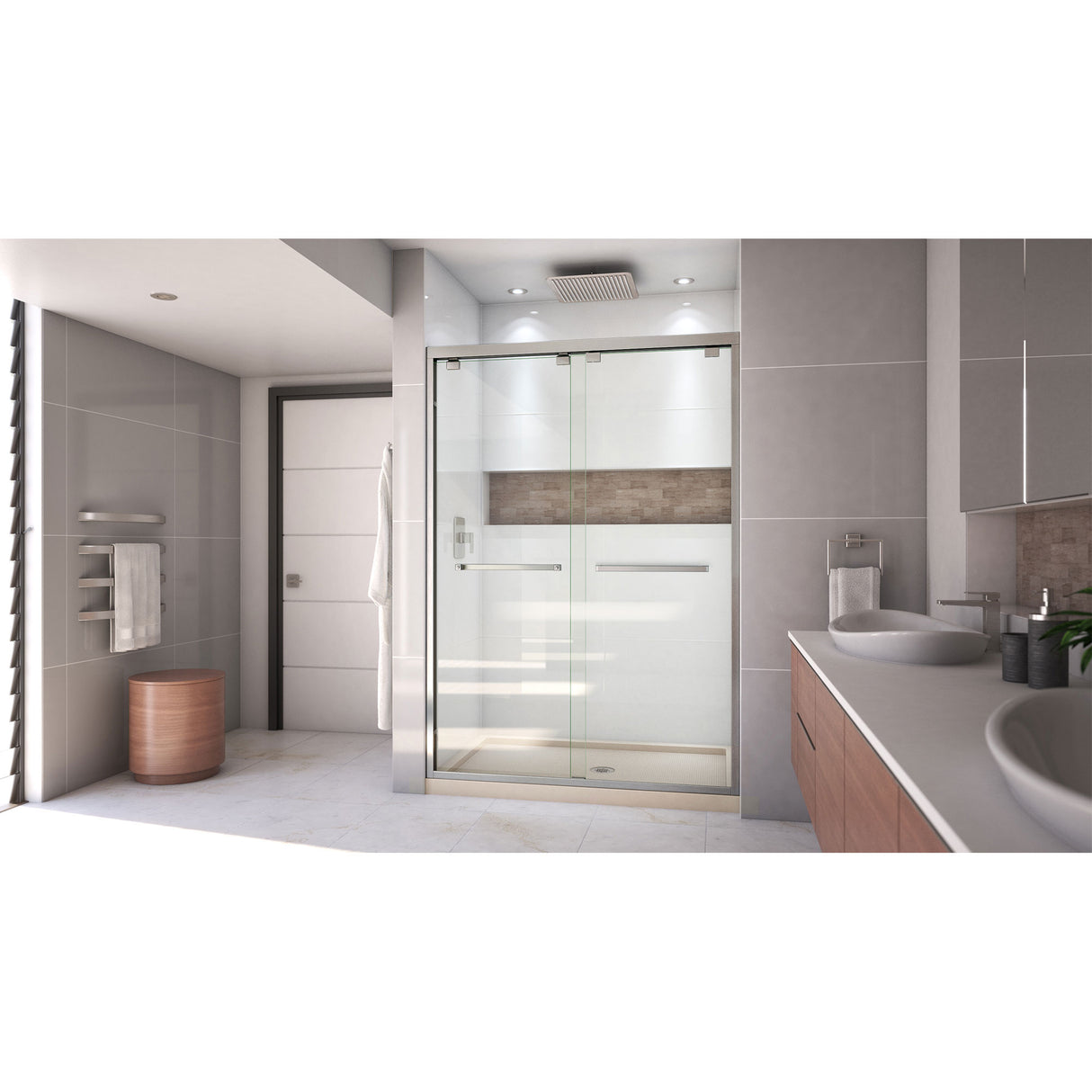 DreamLine Encore 32 in. D x 54 in. W x 78 3/4 in. H Bypass Shower Door in Brushed Nickel and Center Drain Biscuit Base Kit