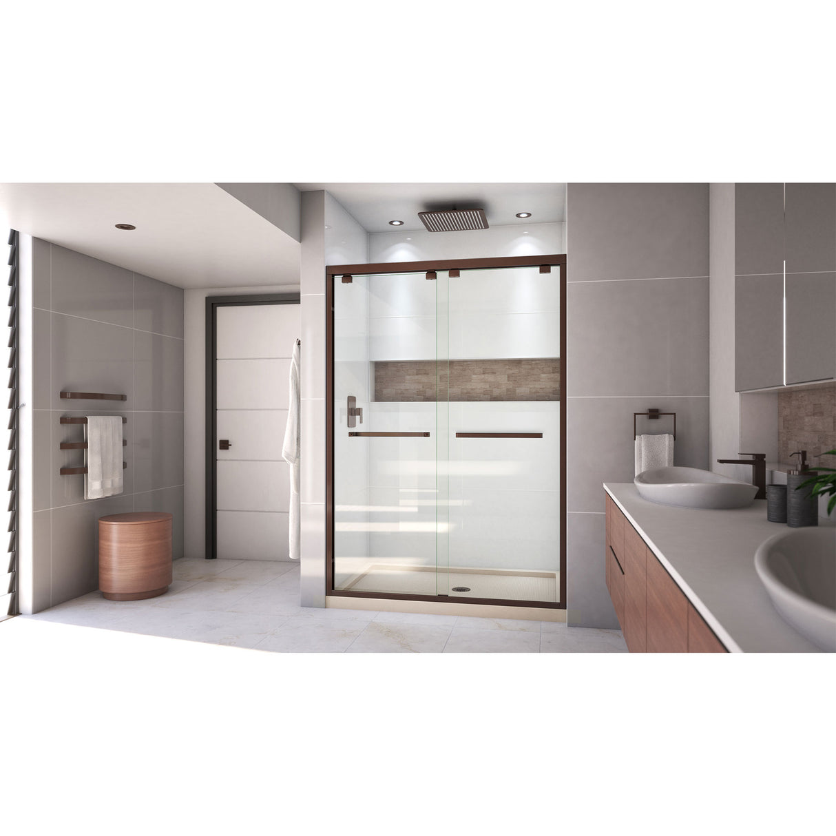 DreamLine Encore 32 in. D x 54 in. W x 78 3/4 in. H Bypass Shower Door in Oil Rubbed Bronze, Center Drain Biscuit Base Kit