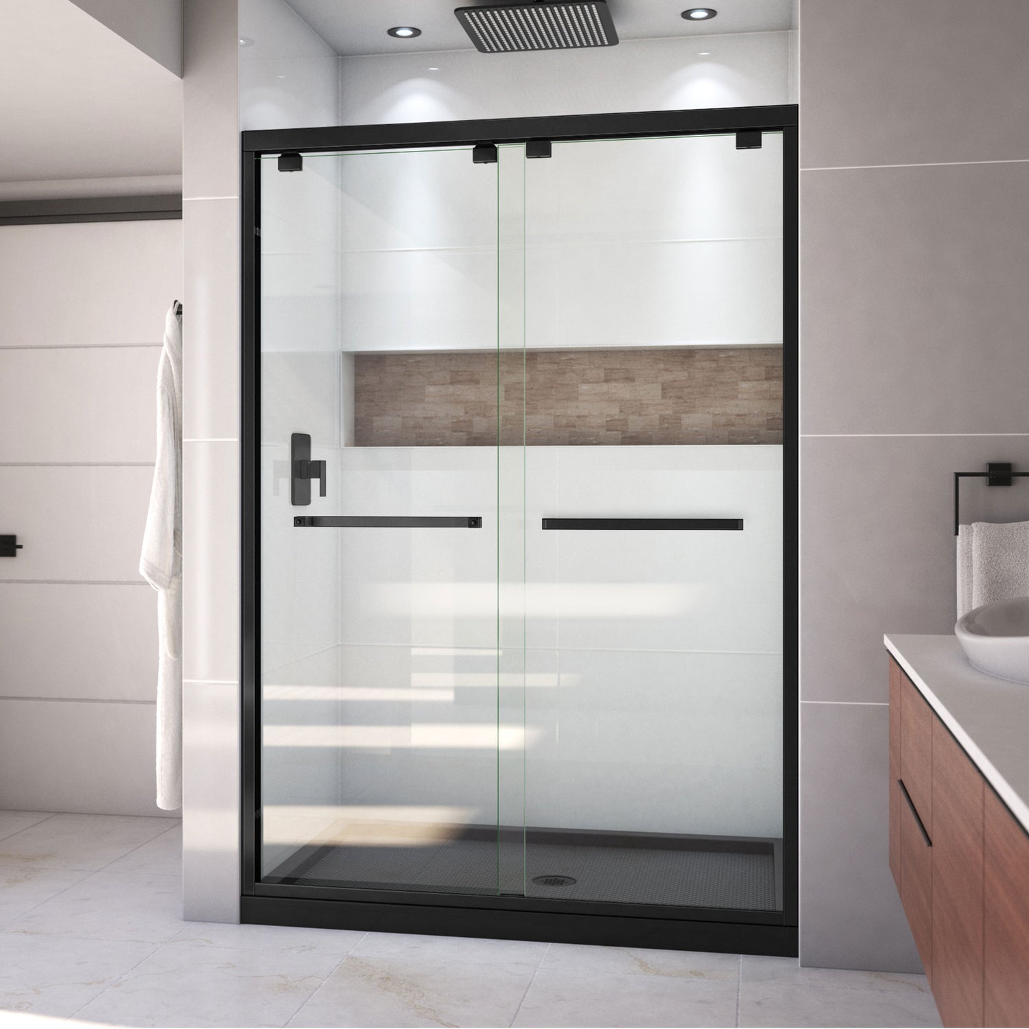 DreamLine Encore 32 in. D x 54 in. W x 78 3/4 in. H Bypass Shower Door in Satin Black and Center Drain Black Base Kit