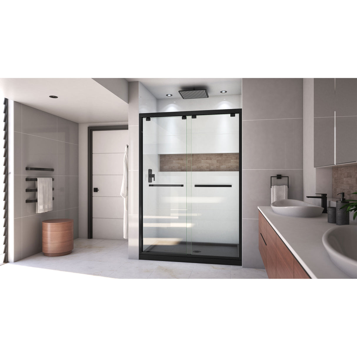 DreamLine Encore 32 in. D x 54 in. W x 78 3/4 in. H Bypass Shower Door in Satin Black and Center Drain Black Base Kit