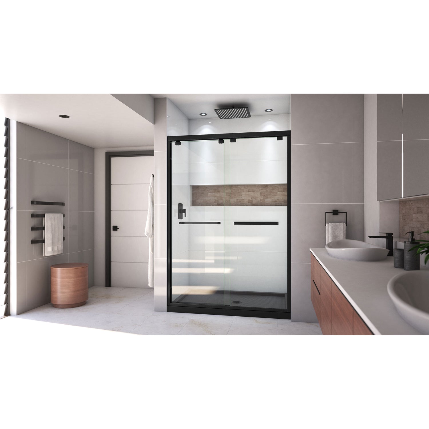 DreamLine Encore 32 in. D x 54 in. W x 78 3/4 in. H Bypass Shower Door in Satin Black and Center Drain Black Base Kit