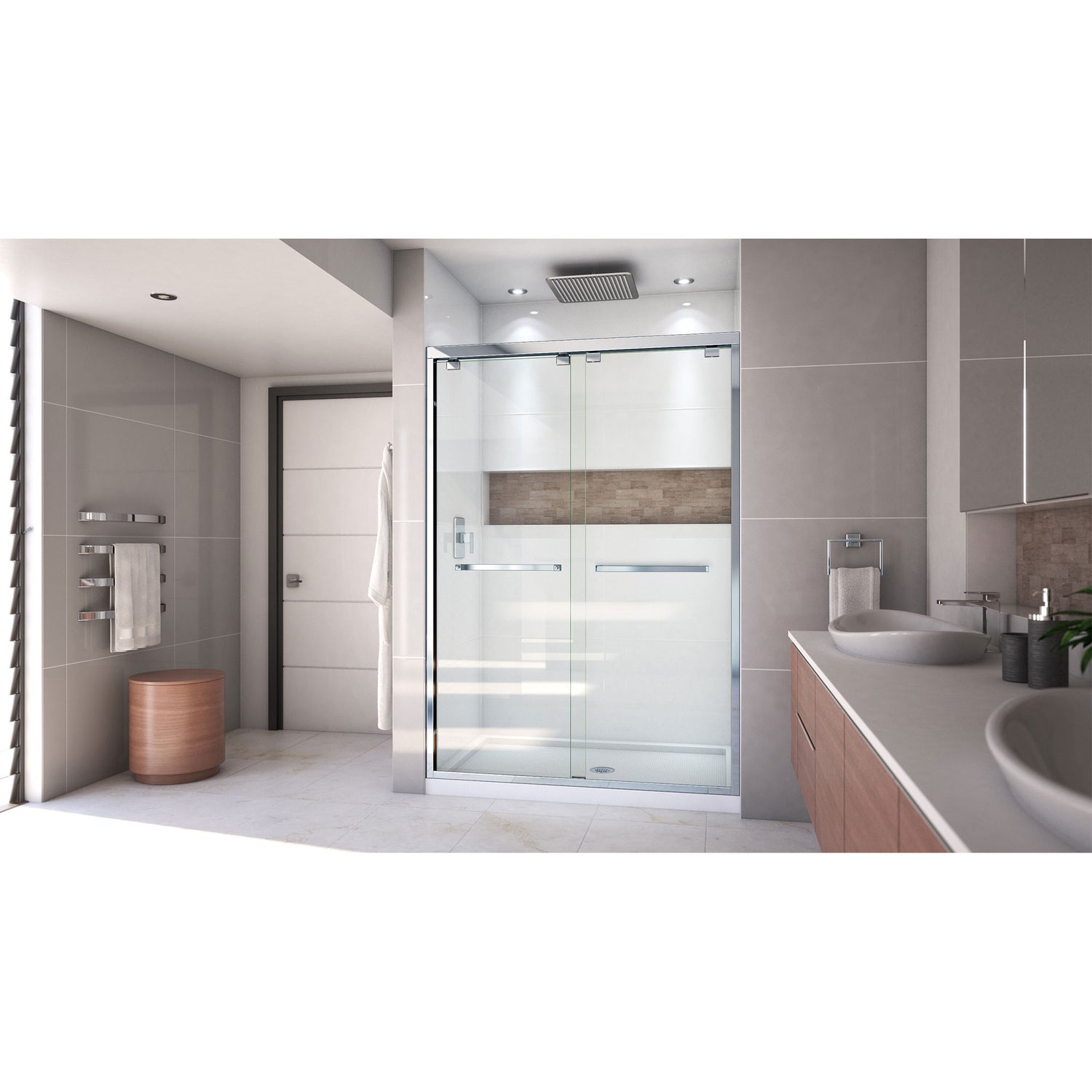 DreamLine Encore 32 in. D x 54 in. W x 78 3/4 in. H Bypass Shower Door in Chrome and Center Drain White Base Kit