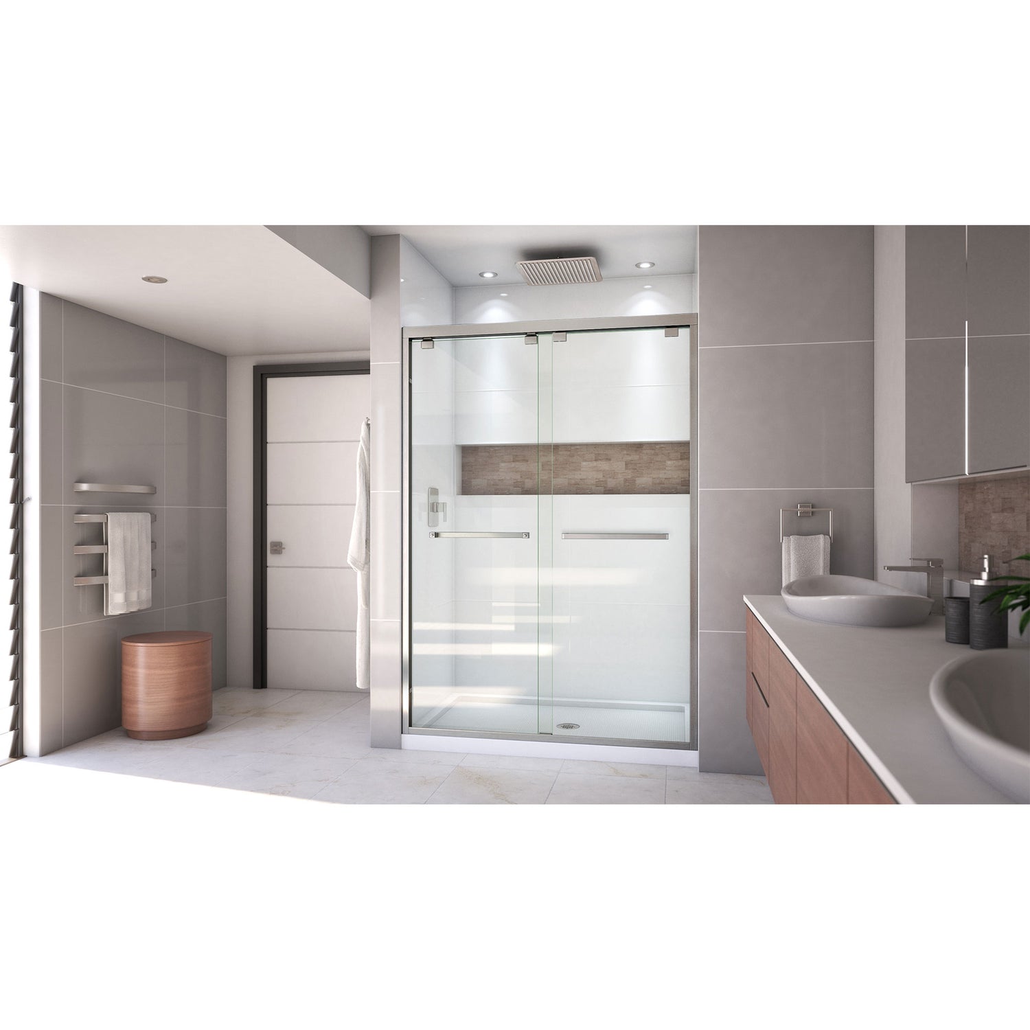 DreamLine Encore 32 in. D x 54 in. W x 78 3/4 in. H Bypass Shower Door in Brushed Nickel and Center Drain White Base Kit