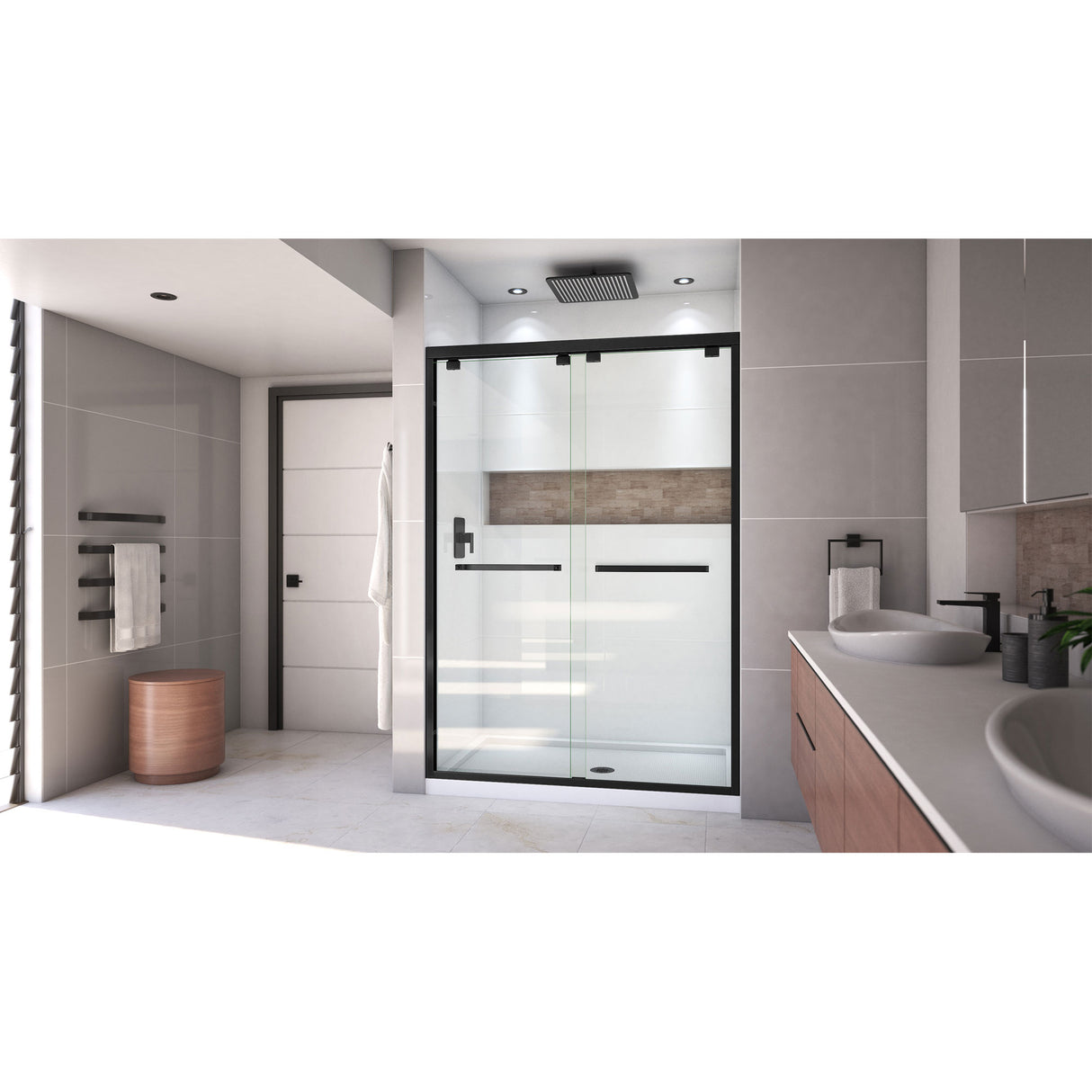 DreamLine Encore 32 in. D x 54 in. W x 78 3/4 in. H Bypass Shower Door in Satin Black and Center Drain White Base Kit