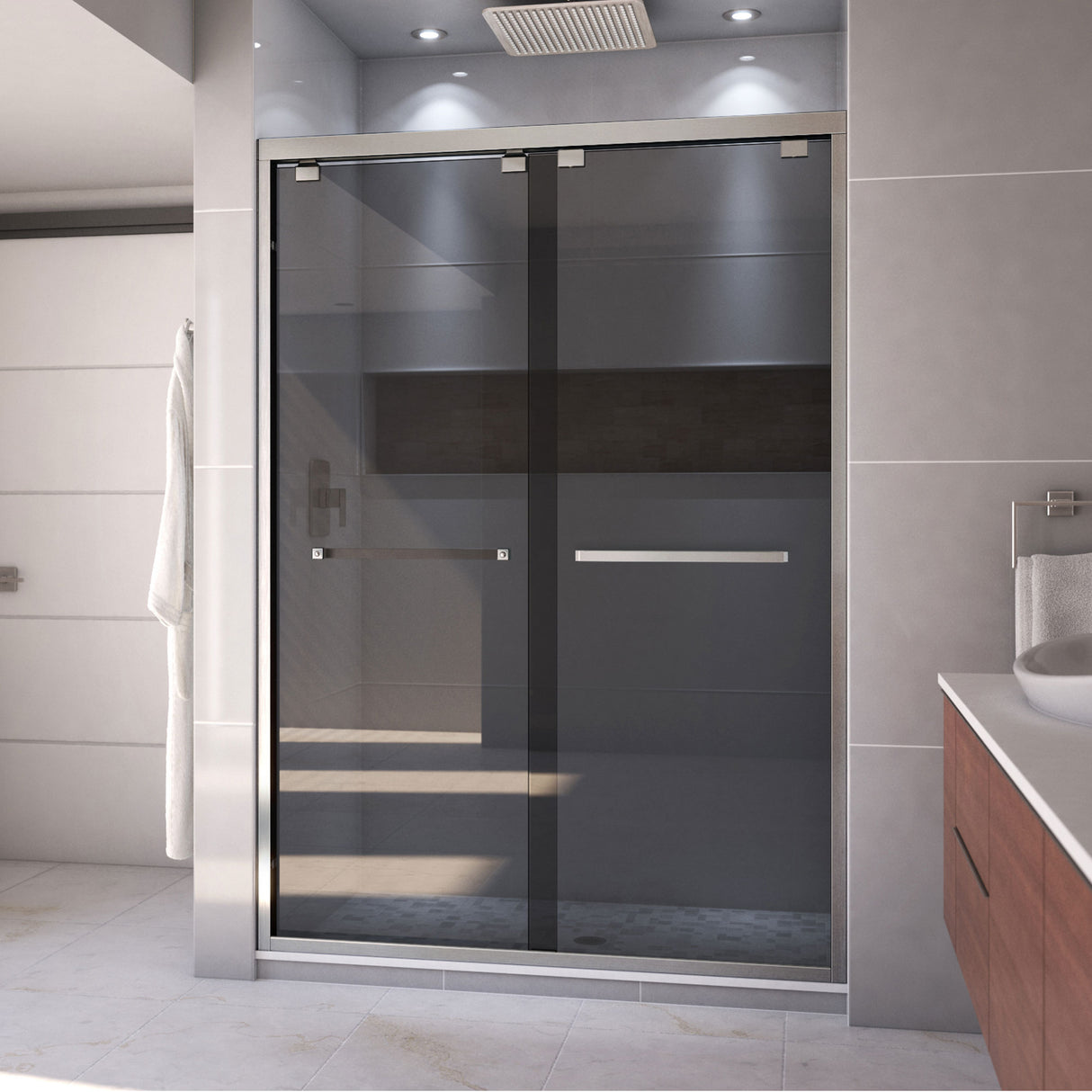 DreamLine Encore 50-54 in. W x 76 in. H Semi-Frameless Bypass Sliding Shower Door in Brushed Nickel and Gray Glass