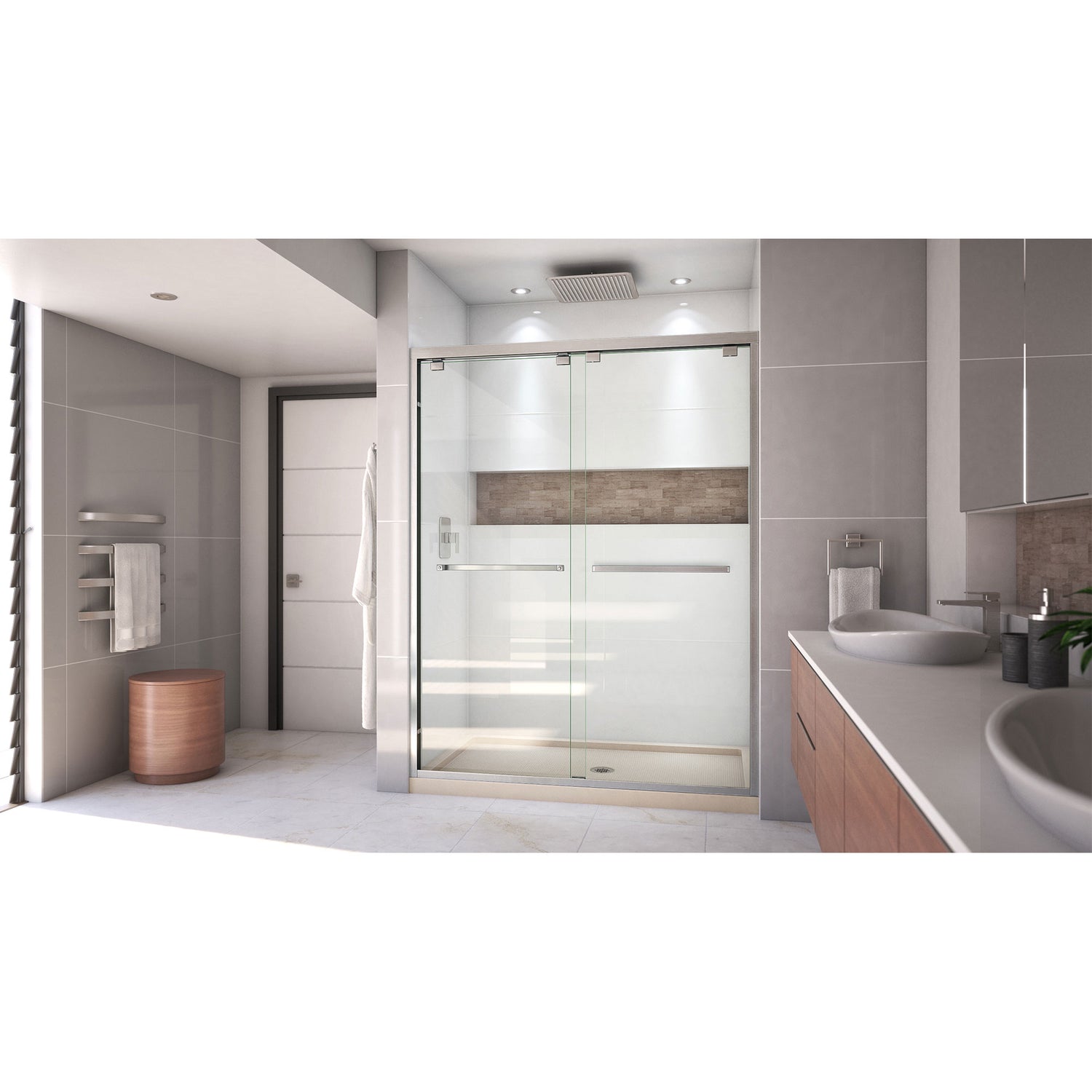 DreamLine Encore 36 in. D x 60 in. W x 78 3/4 in. H Bypass Shower Door in Brushed Nickel and Center Drain Biscuit Base Kit