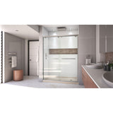 DreamLine Encore 34 in. D x 60 in. W x 78 3/4 in. H Bypass Shower Door in Brushed Nickel and Right Drain Biscuit Base Kit
