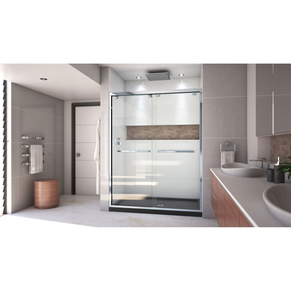 DreamLine Encore 34 in. D x 60 in. W x 78 3/4 in. H Bypass Shower Door in Chrome and Center Drain Black Base Kit