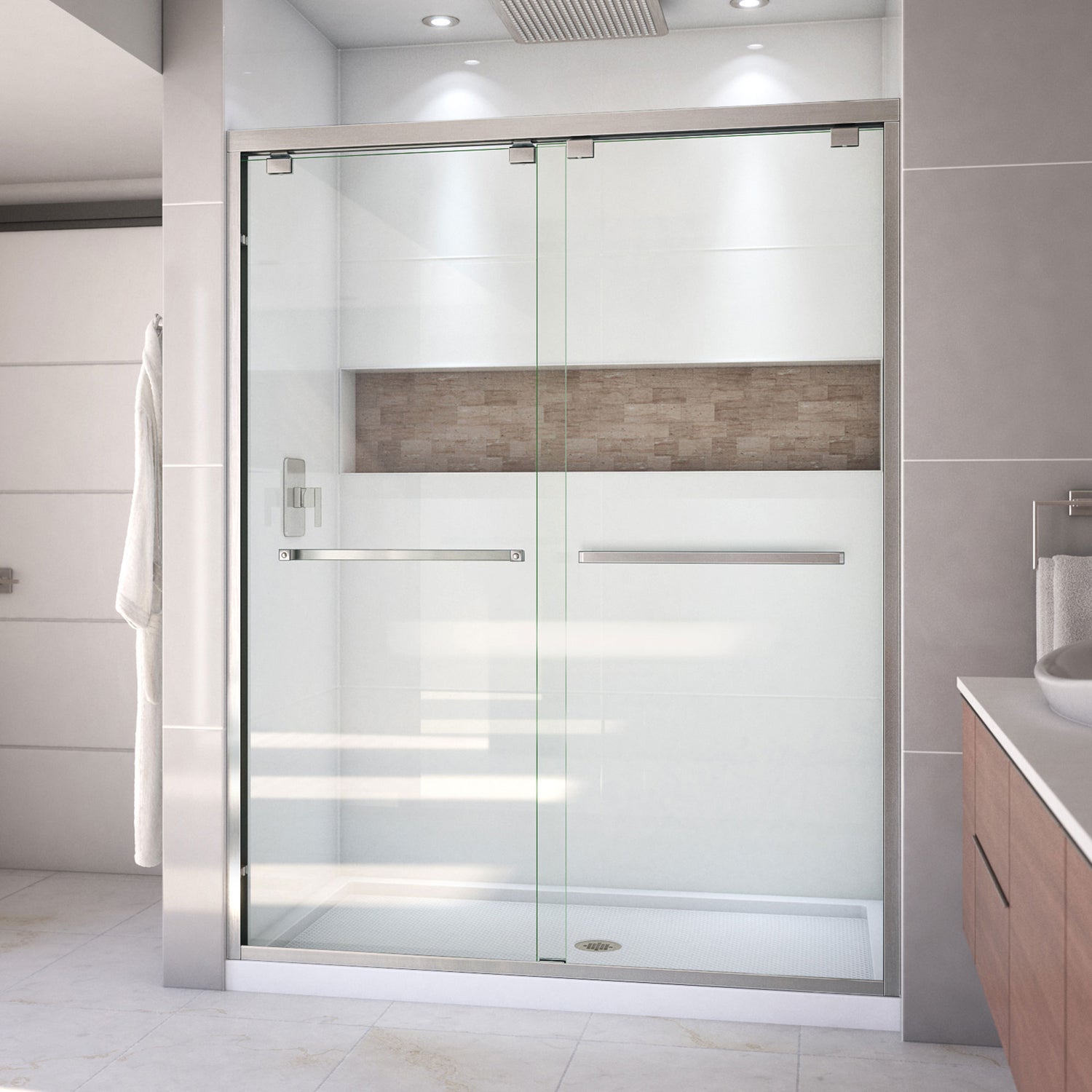 DreamLine Encore 36 in. D x 60 in. W x 78 3/4 in. H Bypass Shower Door in Brushed Nickel and Center Drain White Base Kit