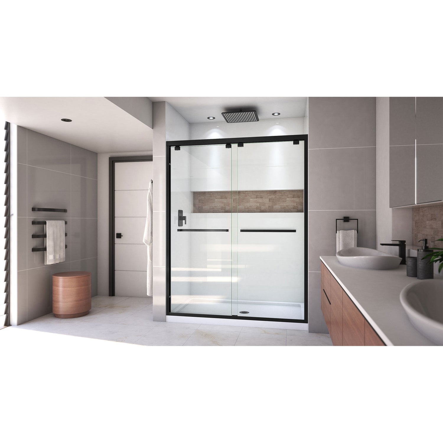 DreamLine Encore 32 in. D x 60 in. W x 78 3/4 in. H Bypass Shower Door in Satin Black and Center Drain White Base Kit